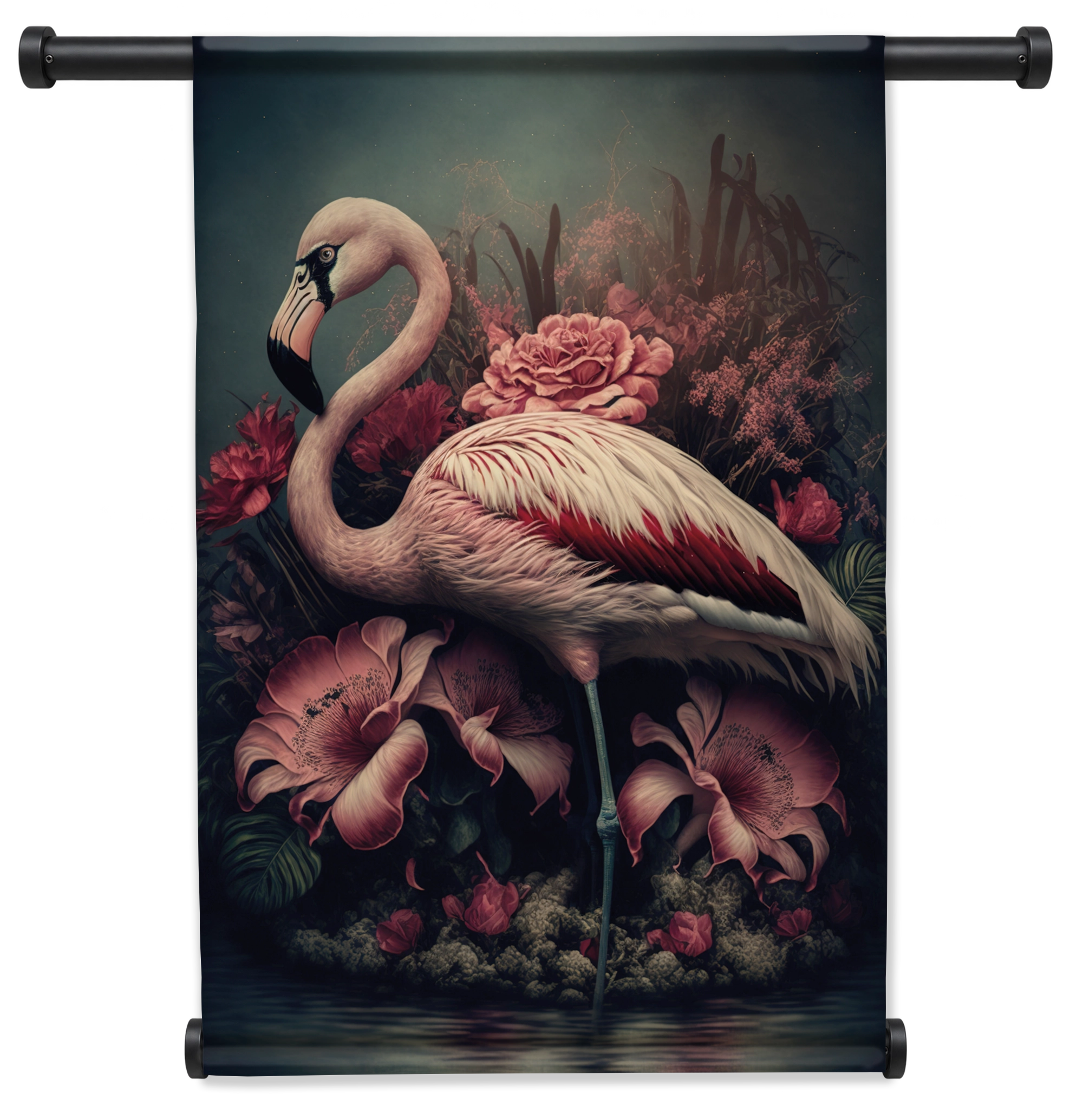 Wandkleed Flamingo 3: roze flamingo tussen grote roze bloemen.