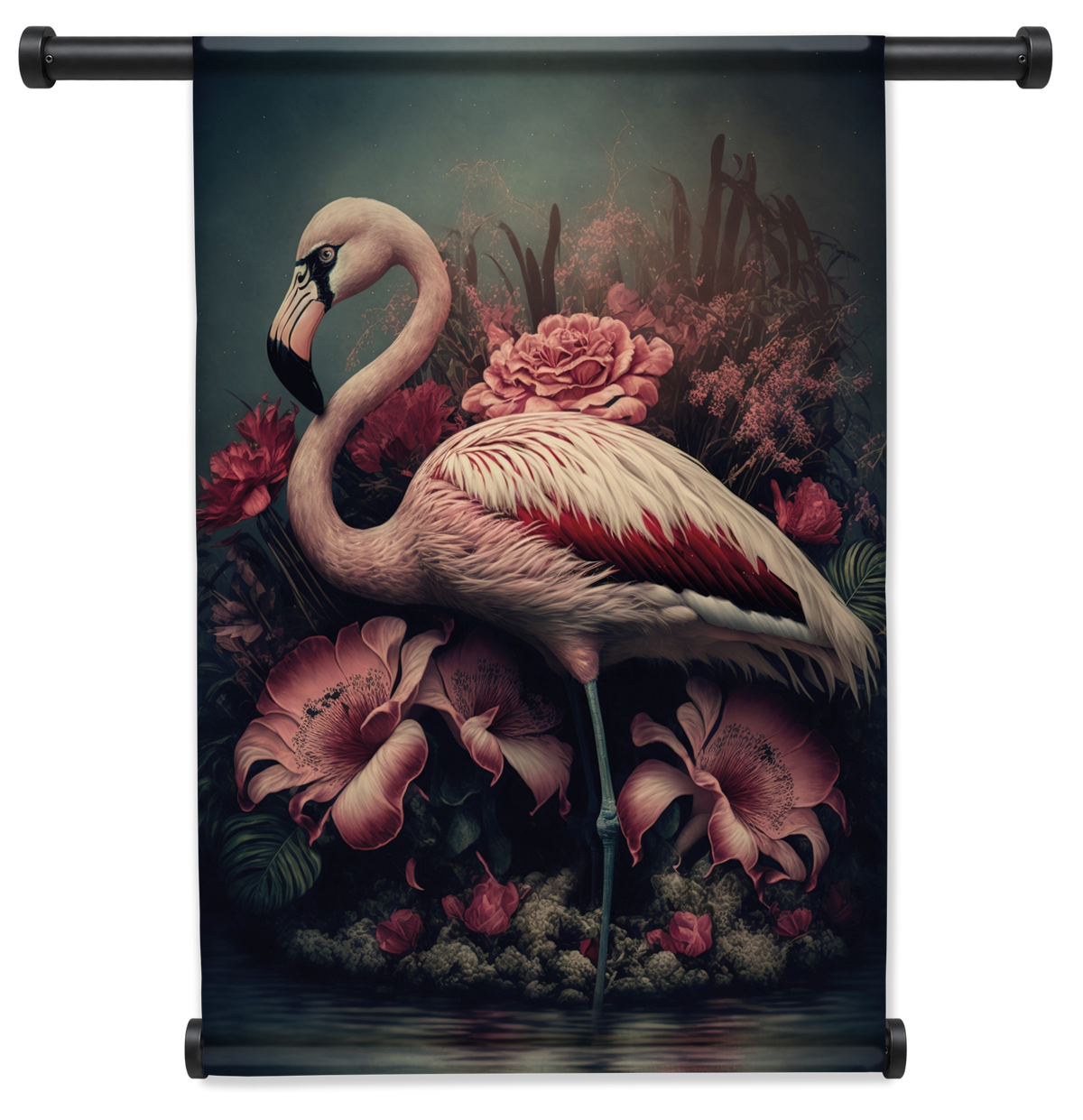 Wandkleed Flamingo 3: roze flamingo tussen grote roze bloemen.
