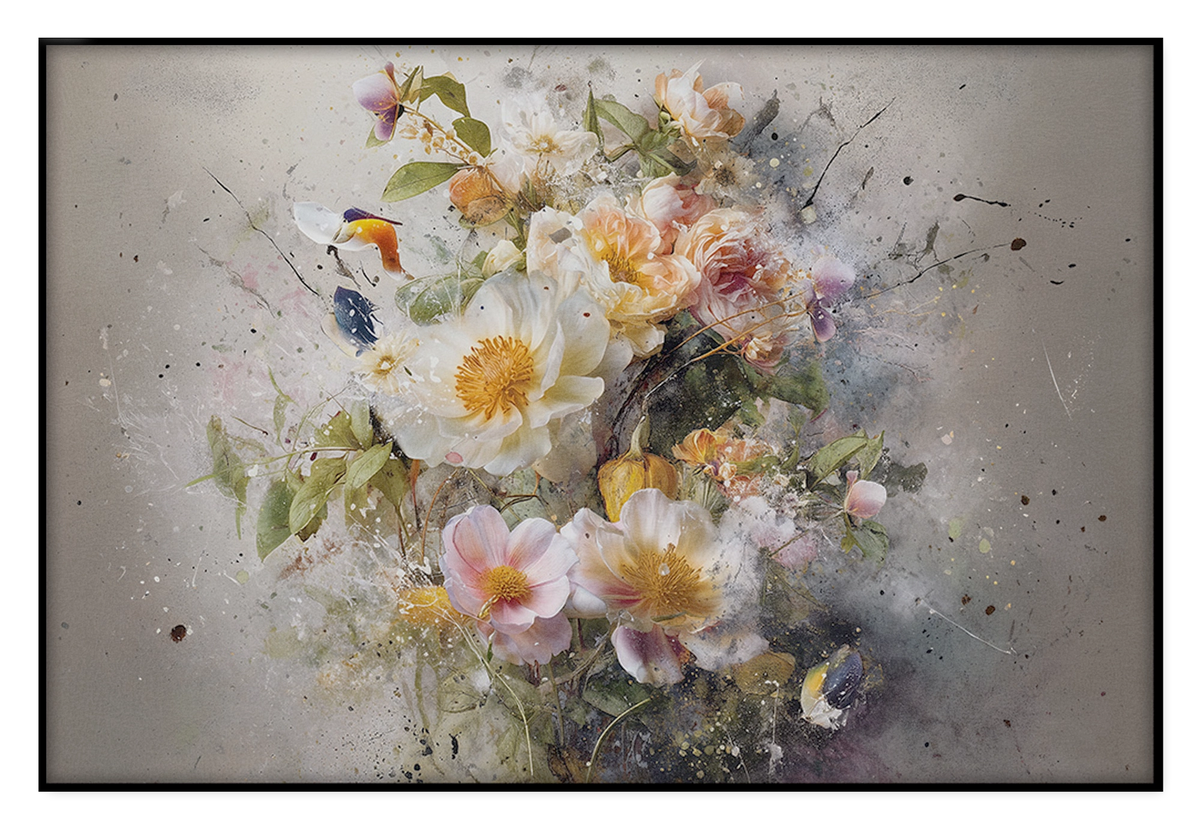 Akoestisch paneel Bloemen explosie 3: witte, roze en gele bloemen met losse verfspatten.