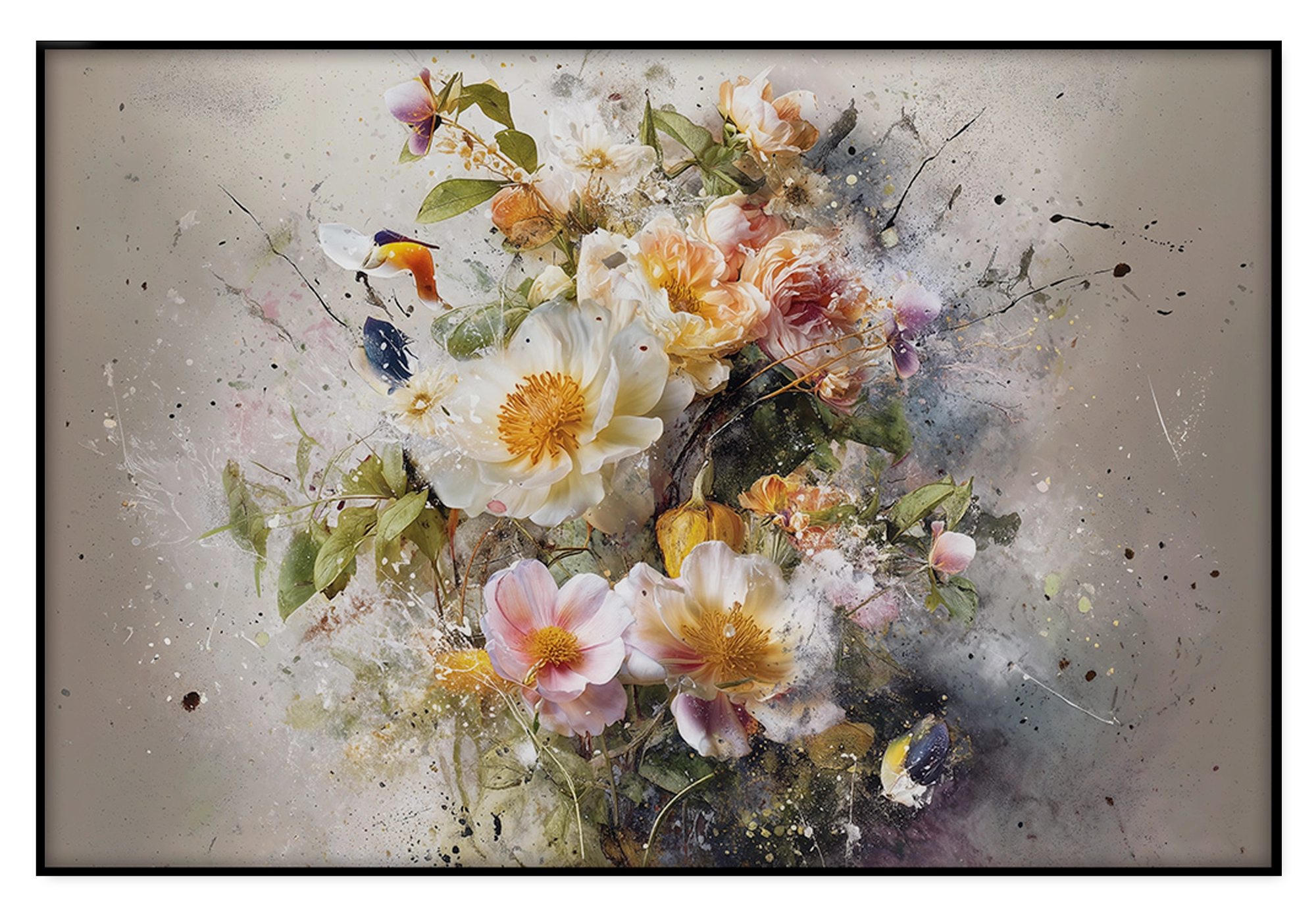 Artframe Bloemen explosie 3: witte, roze en gele bloemen met losse verfspatten.