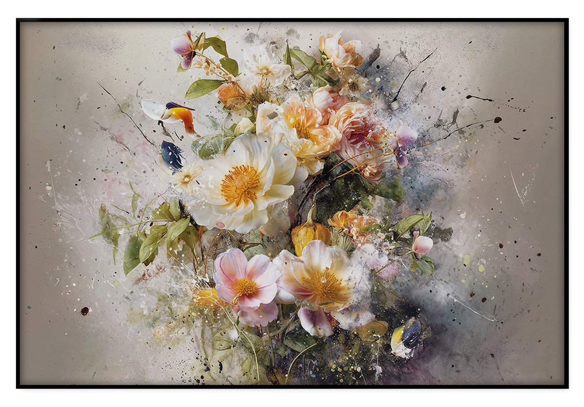 Artframe Bloemen explosie 3: witte, roze en gele bloemen met losse verfspatten.