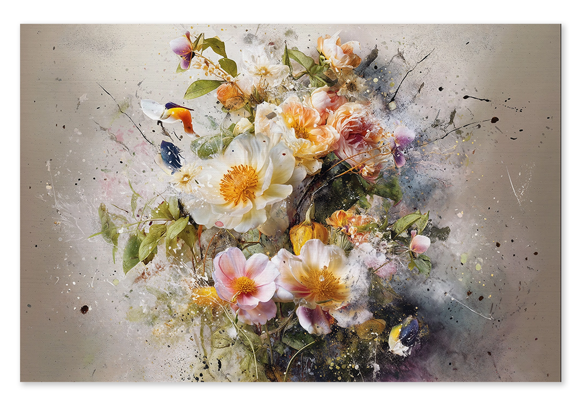 Canvas schilderij Bloemen explosie 3: witte, roze en gele bloemen met losse verfspatten.