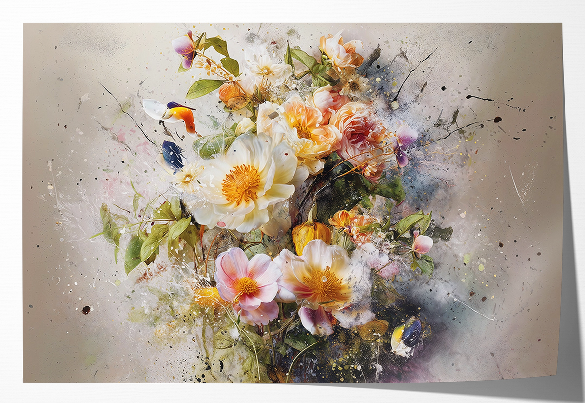 Papieren poster Bloemen explosie 3: witte, roze en gele bloemen met losse verfspatten.