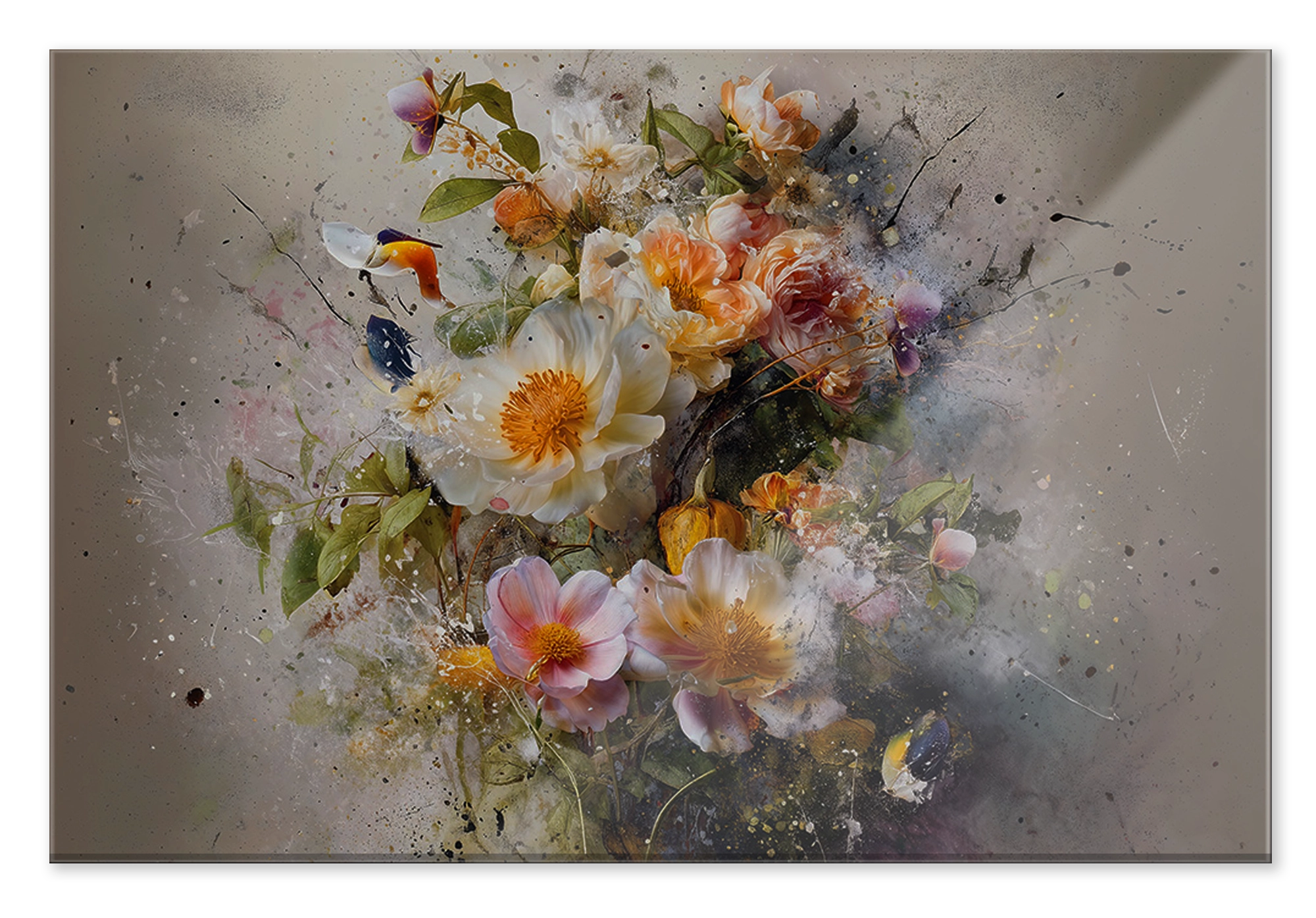 Plexiglas schilderij Bloemen explosie 3: witte, roze en gele bloemen met losse verfspatten.