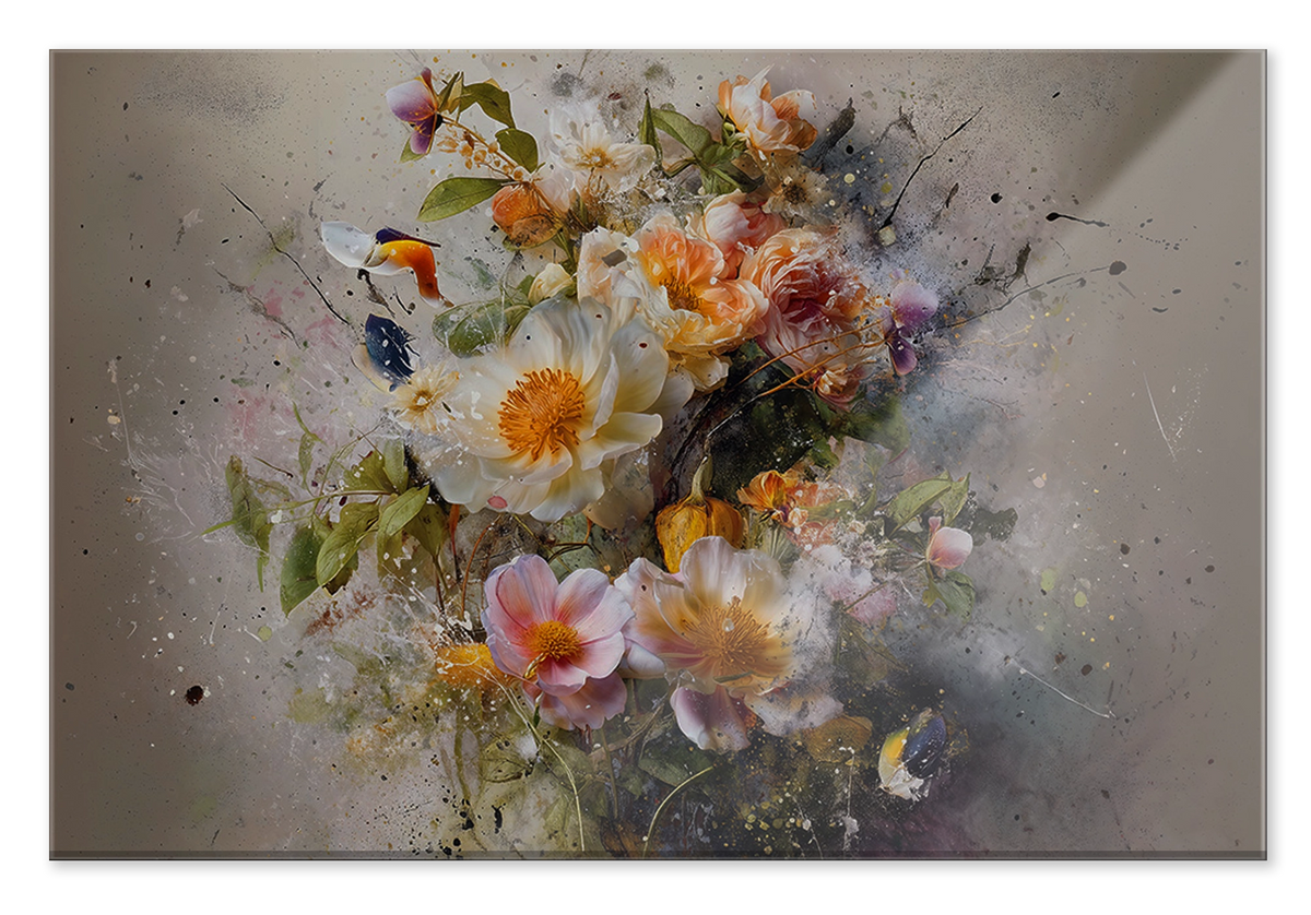 Plexiglas schilderij Bloemen explosie 3: witte, roze en gele bloemen met losse verfspatten.