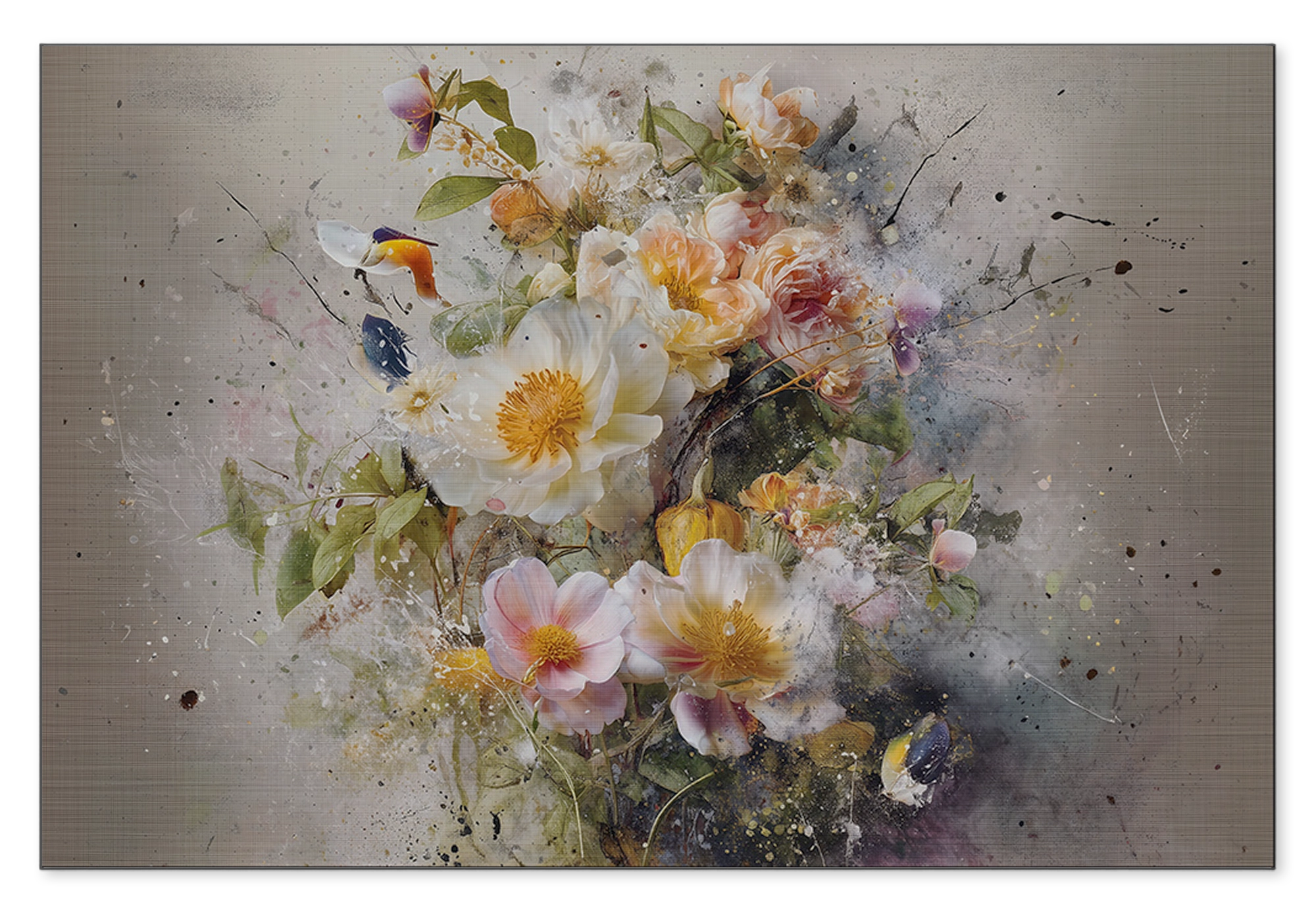 Aluminium Dibond schilderij Bloemen explosie 3: witte, roze en gele bloemen met losse verfspatten.