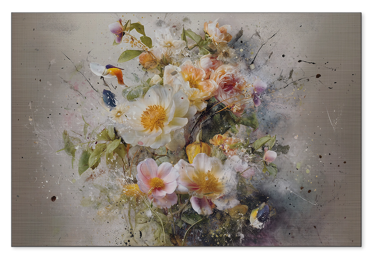 Aluminium Dibond schilderij Bloemen explosie 3: witte, roze en gele bloemen met losse verfspatten.