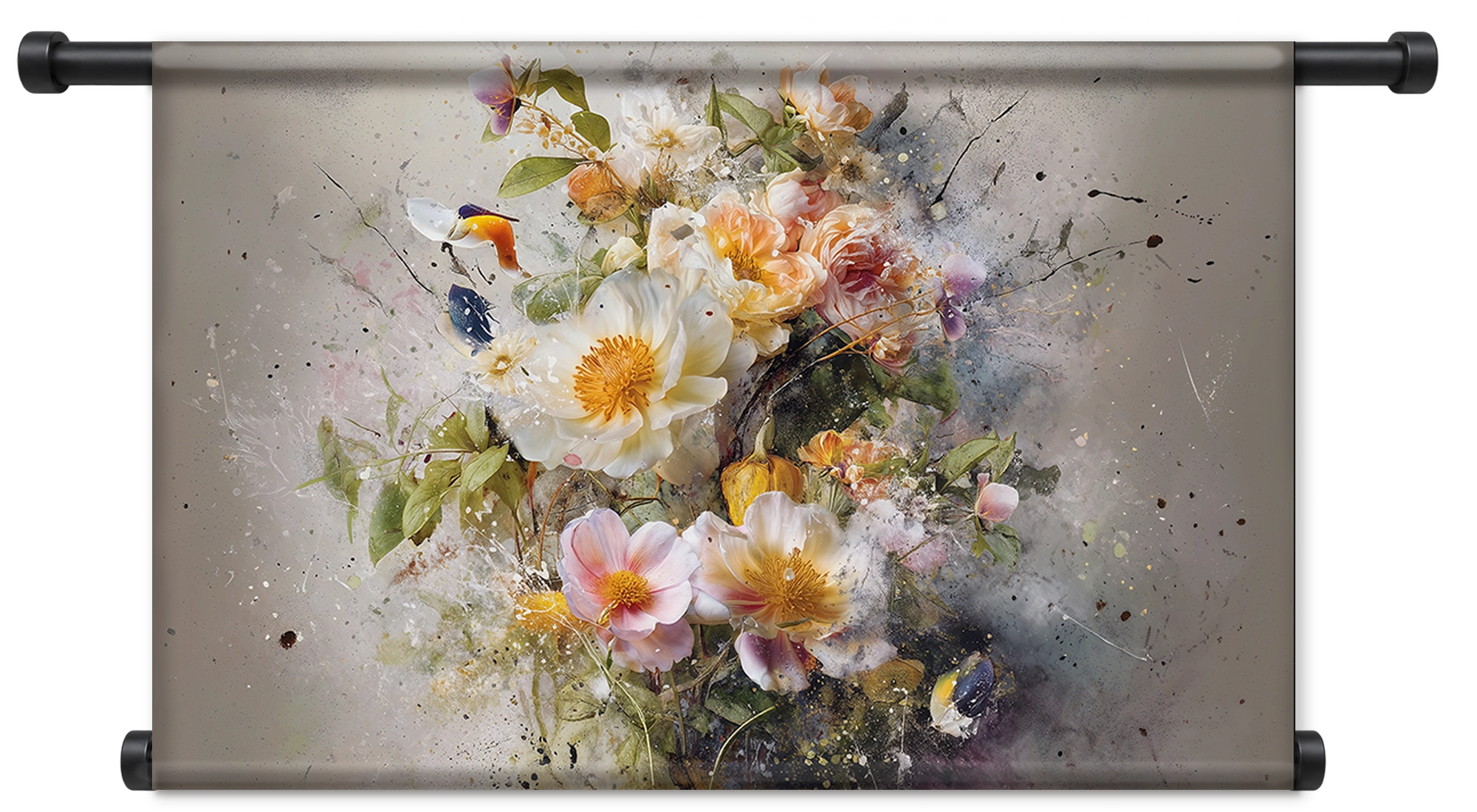 Wandkleed Bloemen explosie 3: witte, roze en gele bloemen met losse verfspatten.