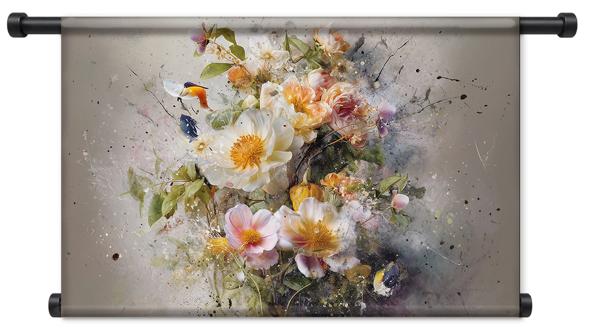 Wandkleed Bloemen explosie 3: witte, roze en gele bloemen met losse verfspatten.