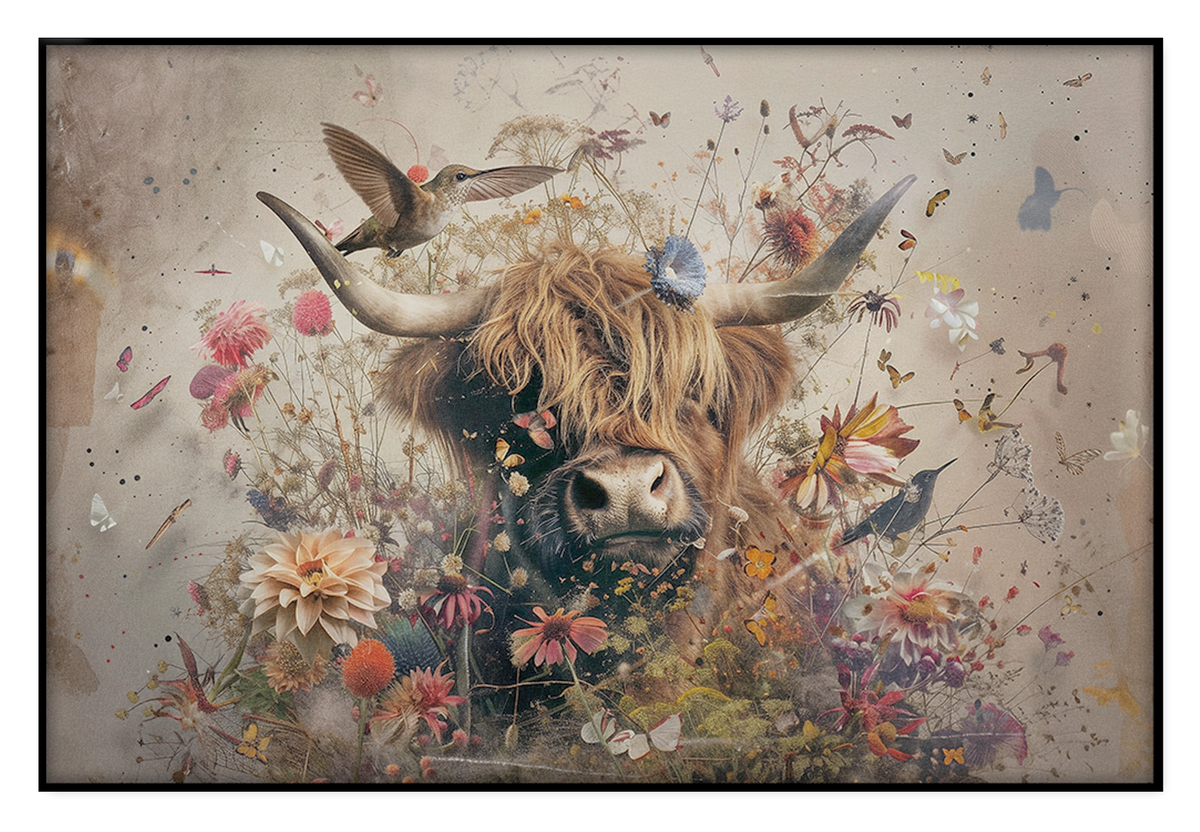 Akoestisch paneel Bloemen Schotse hooglander 2: Schotse hooglander tussen kleurrijke bloemen en vlinders.