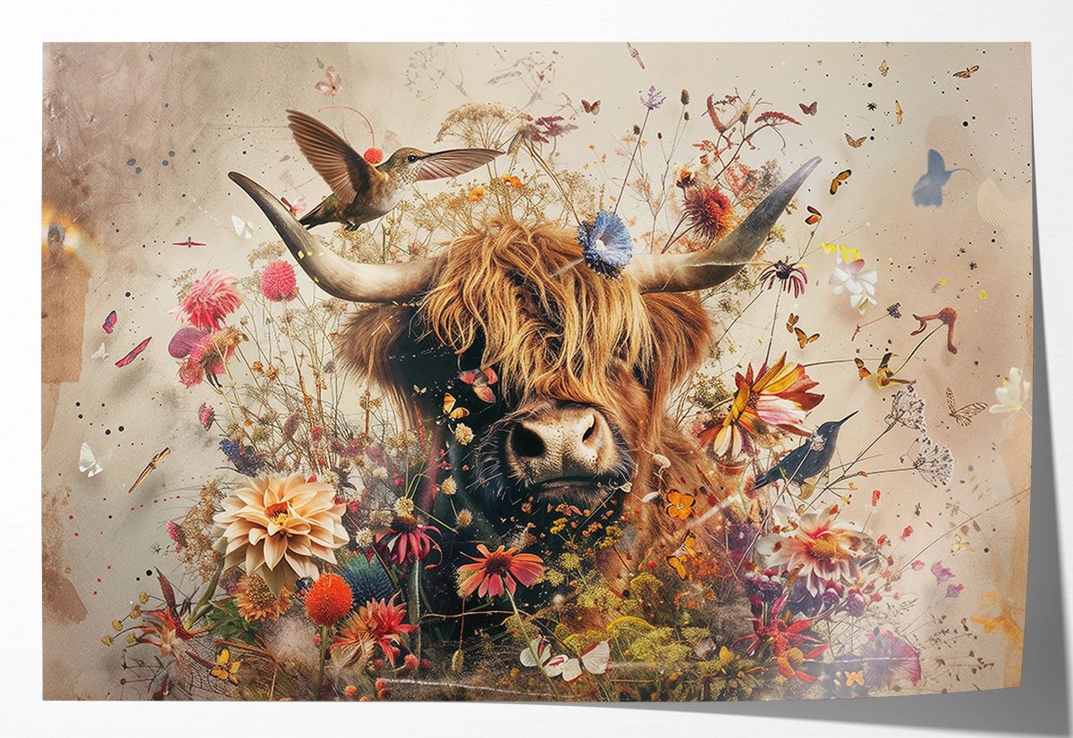 Papieren poster Bloemen Schotse hooglander 2: Schotse hooglander tussen kleurrijke bloemen en vlinders.