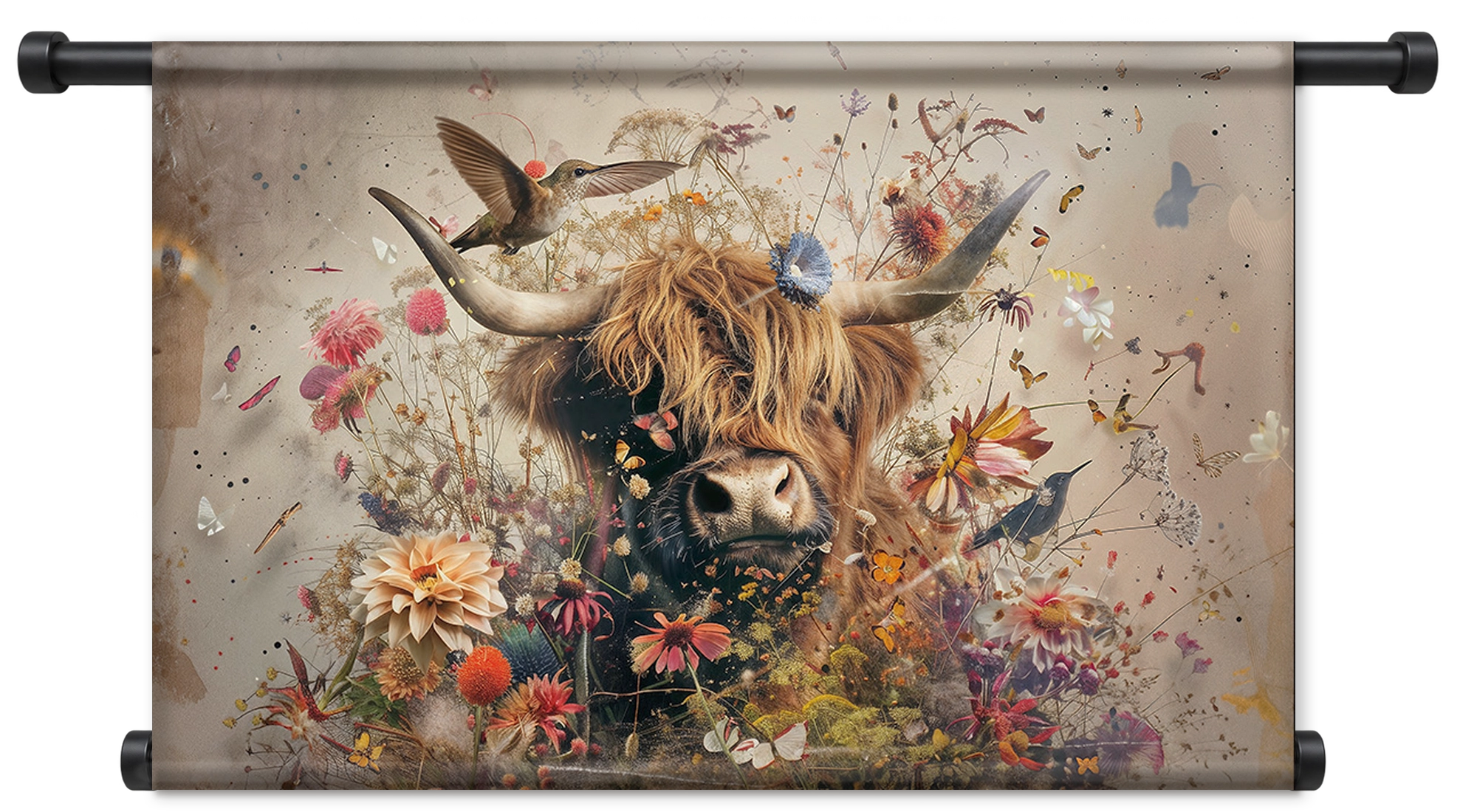 Bloemen Schotse hooglander 2 als liggend wandkleed met zwarte roedes