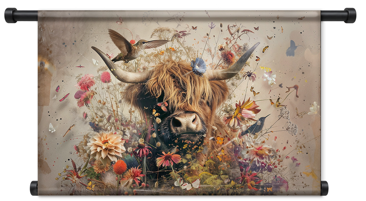 Bloemen Schotse hooglander 2 als liggend wandkleed met zwarte roedes