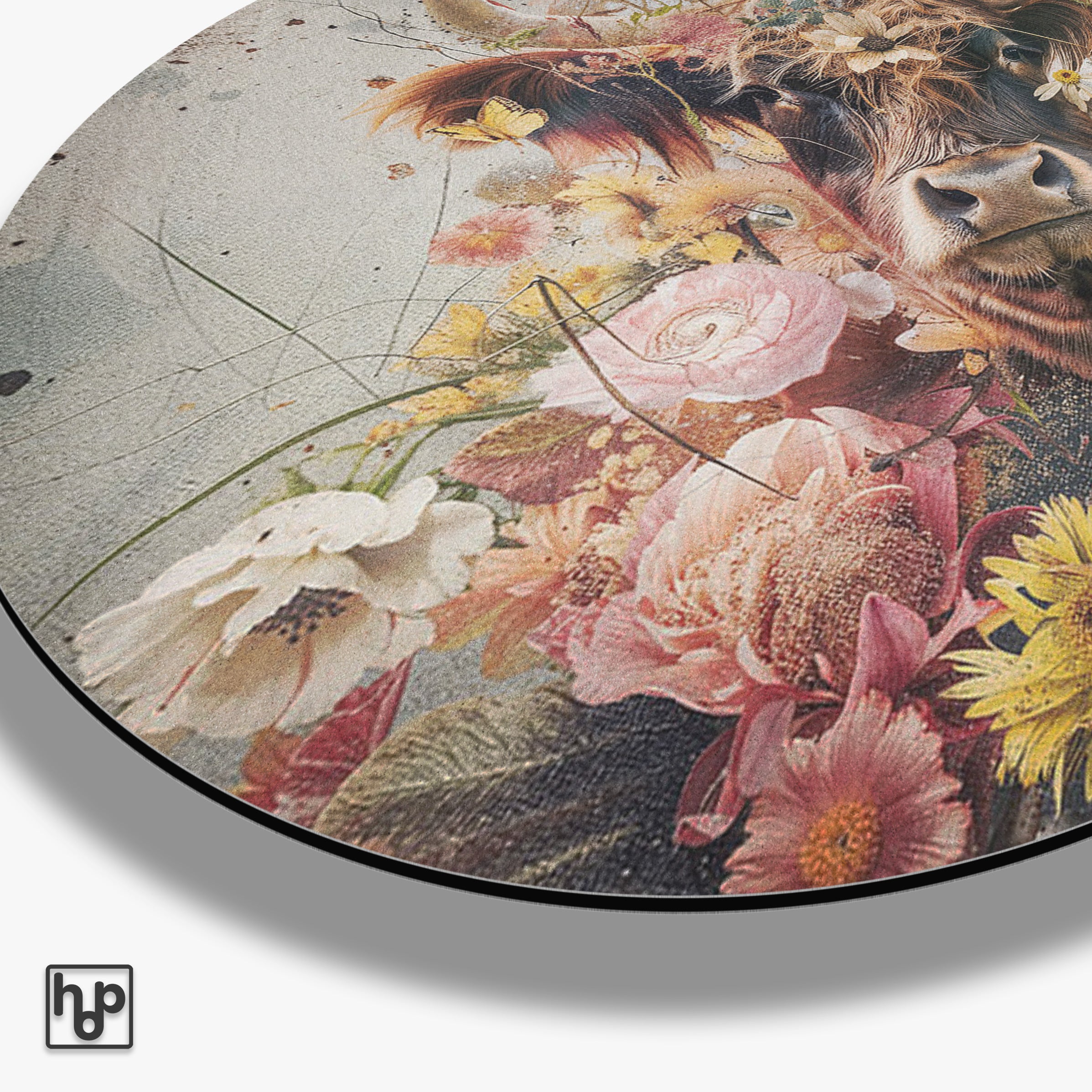Bloemen Schotse hooglander · Muurcirkel · Aluminium