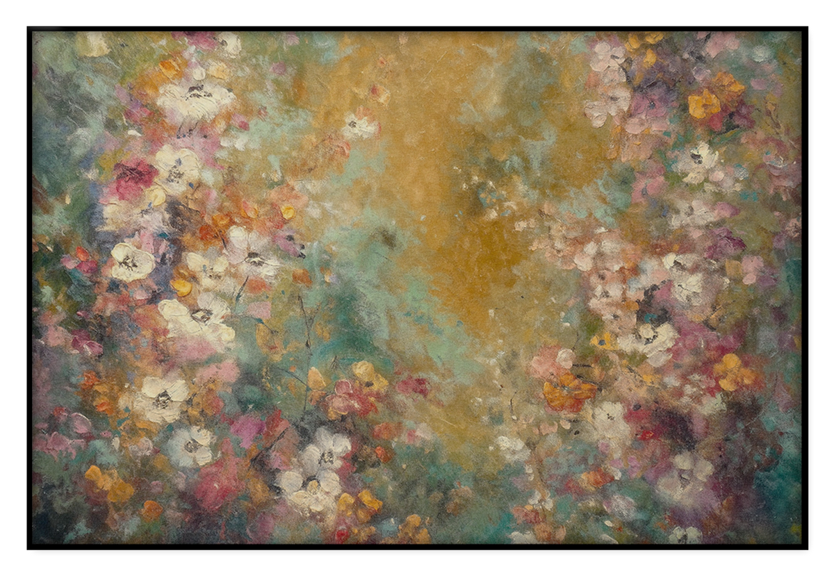 Akoestisch paneel Bloemen spetters 5: kleurrijke bloemen rond een abstracte goudgroene achtergrond.