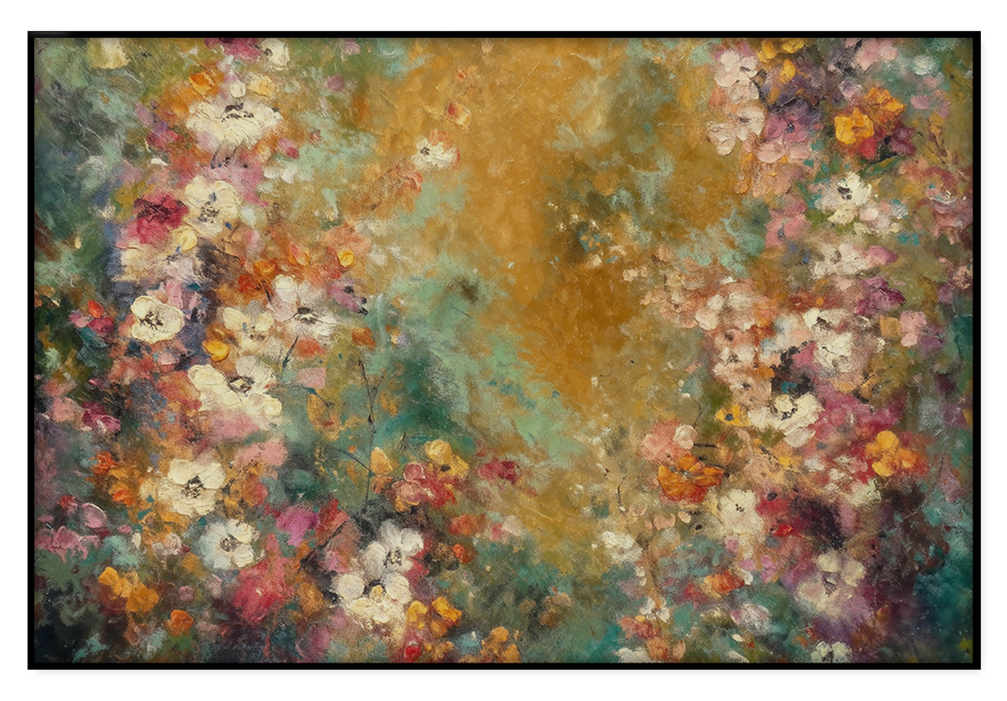Artframe Bloemen spetters 5: kleurrijke bloemen rond een abstracte goudgroene achtergrond.