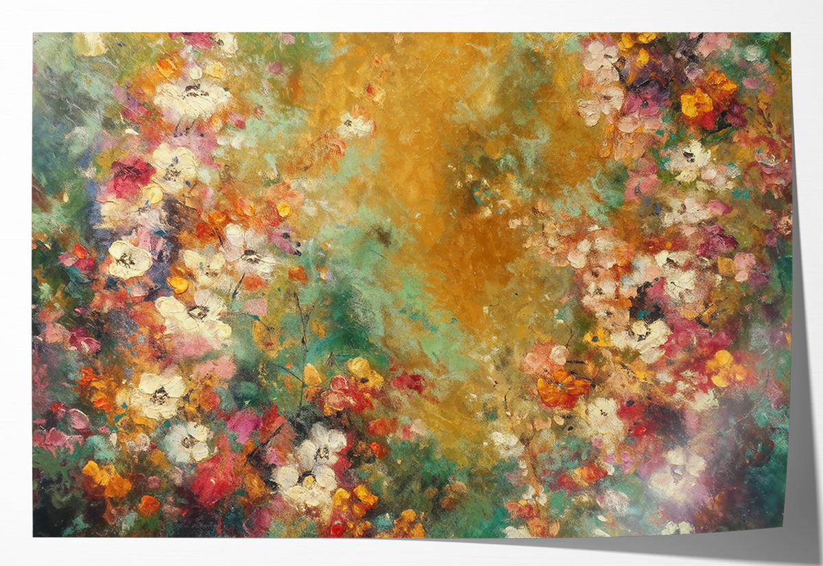 Papieren poster Bloemen spetters 5: kleurrijke bloemen rond een abstracte goudgroene achtergrond.