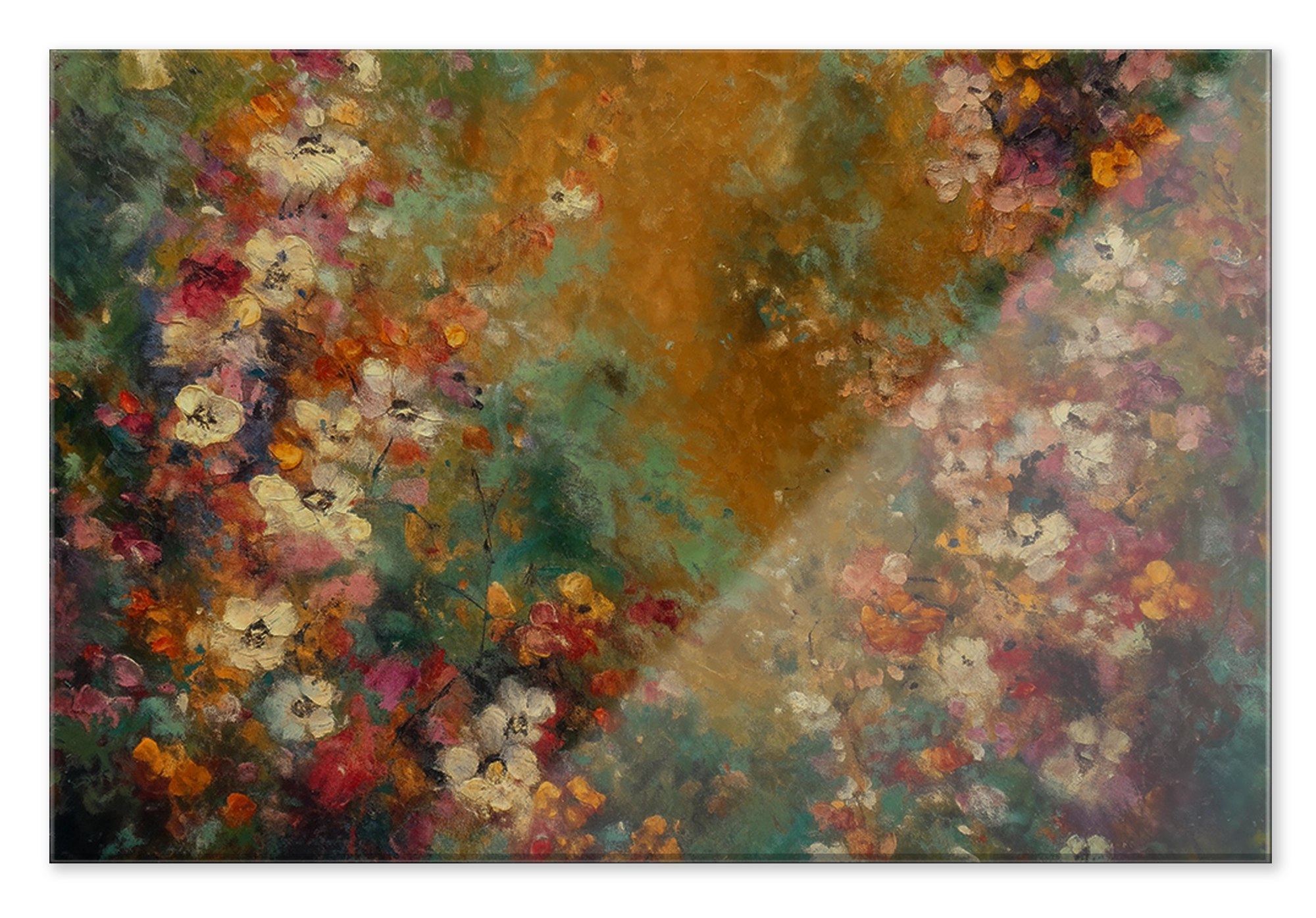 Plexiglas schilderij Bloemen spetters 5: kleurrijke bloemen rond een abstracte goudgroene achtergrond.