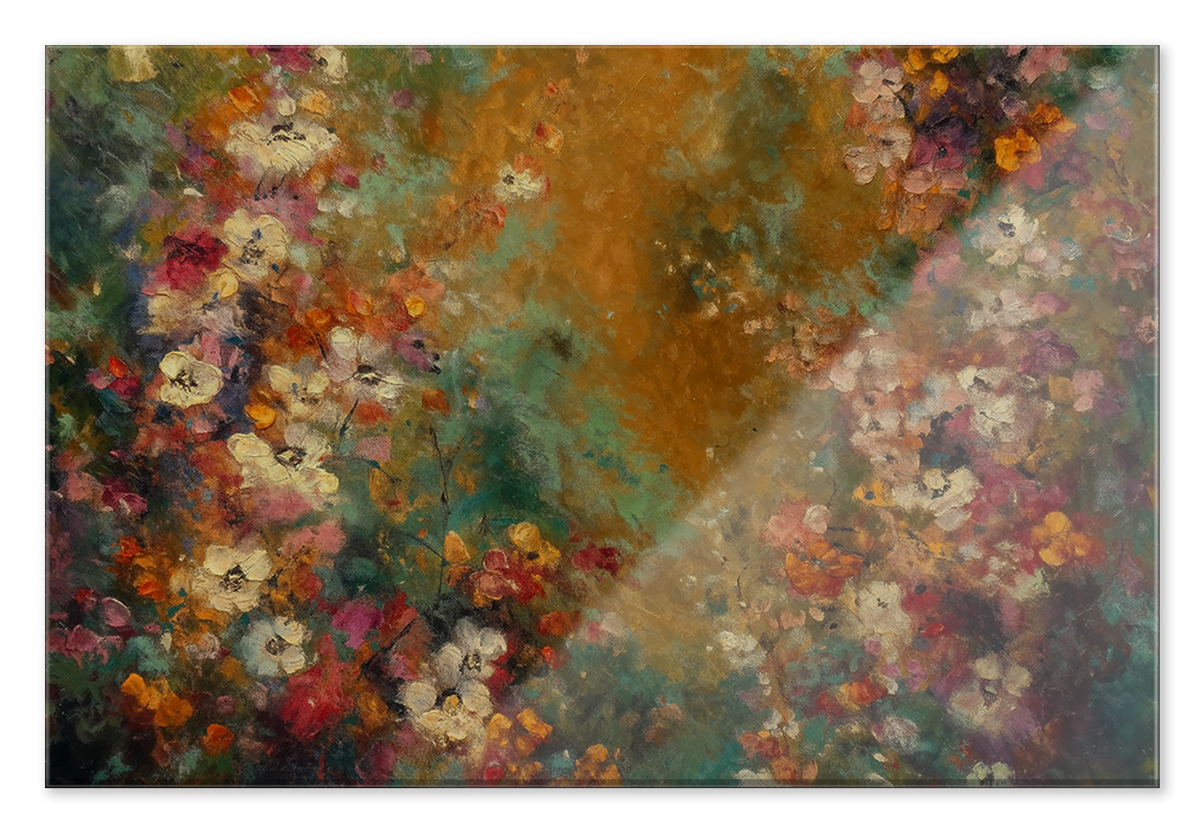 Plexiglas schilderij Bloemen spetters 5: kleurrijke bloemen rond een abstracte goudgroene achtergrond.