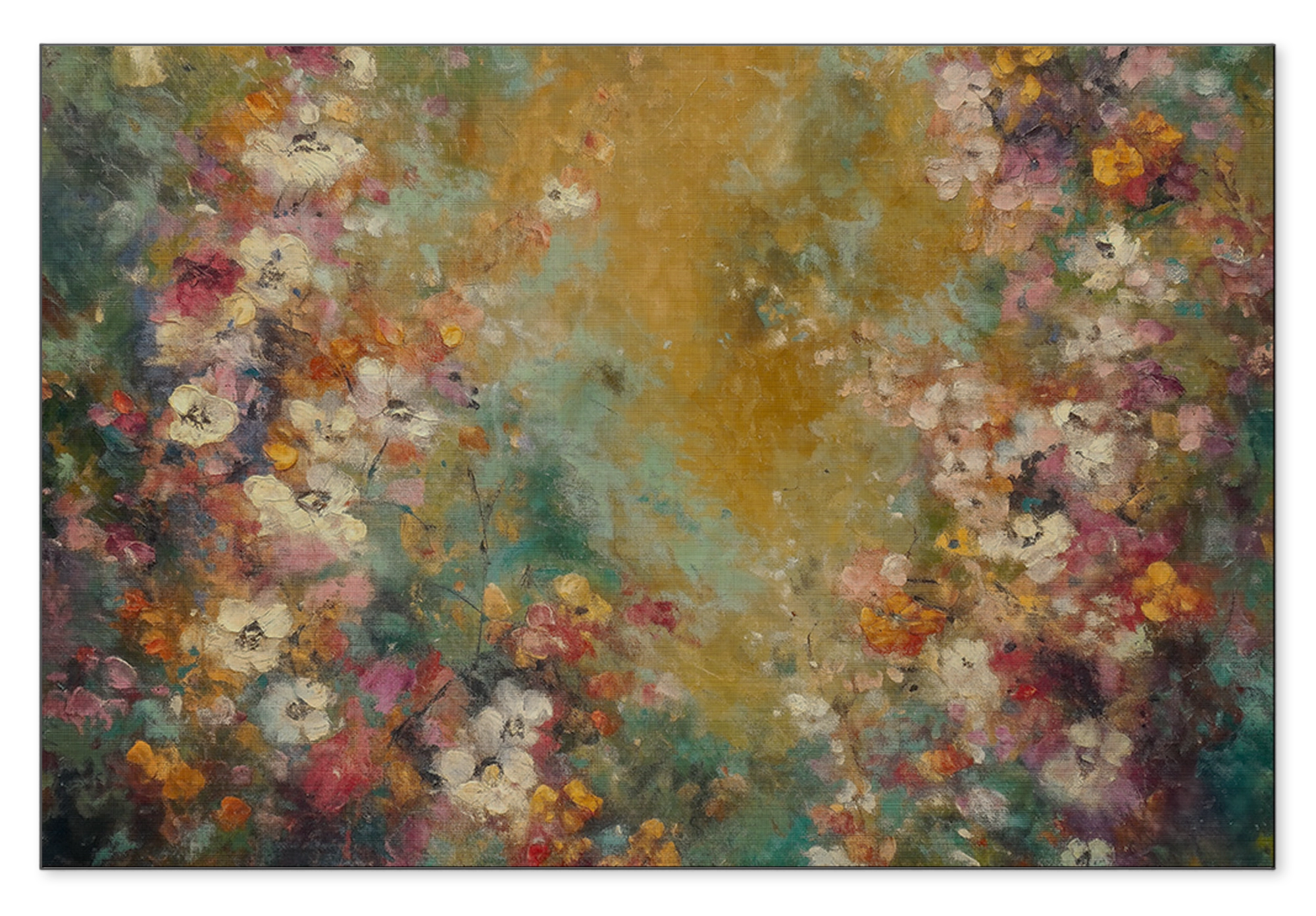 Aluminium Dibond schilderij Bloemen spetters 5: kleurrijke bloemen rond een abstracte goudgroene achtergrond.