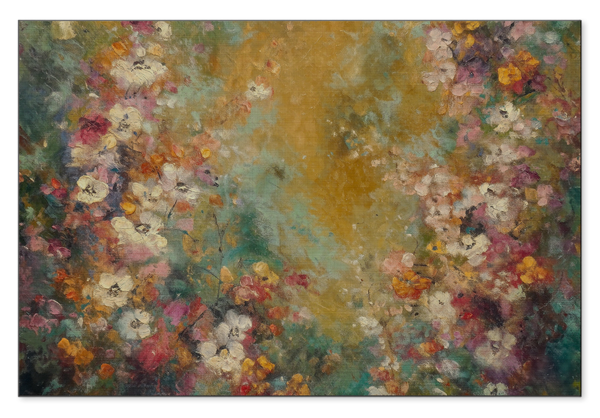Aluminium Dibond schilderij Bloemen spetters 5: kleurrijke bloemen rond een abstracte goudgroene achtergrond.