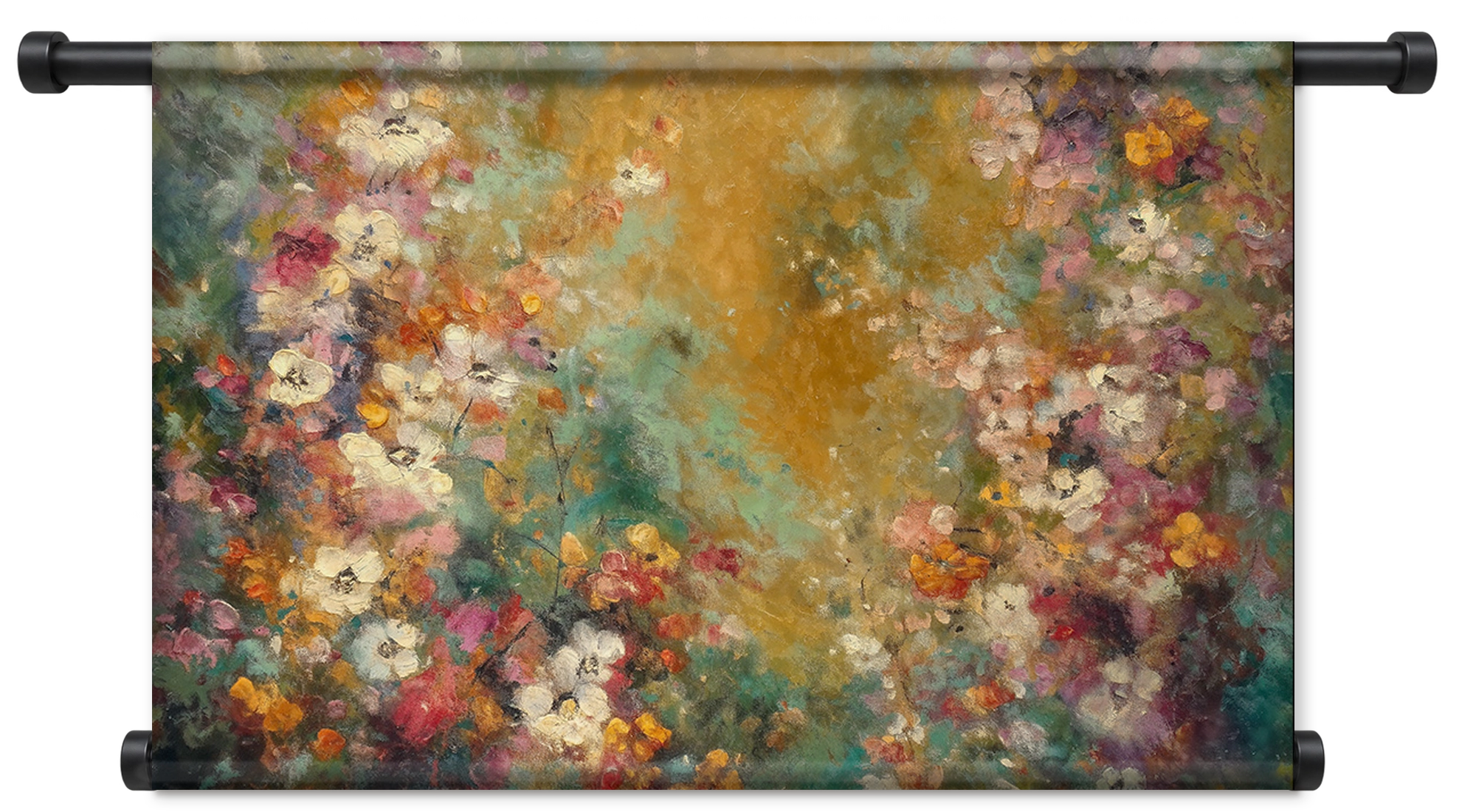 Wandkleed Bloemen spetters 5: kleurrijke bloemen rond een abstracte goudgroene achtergrond.