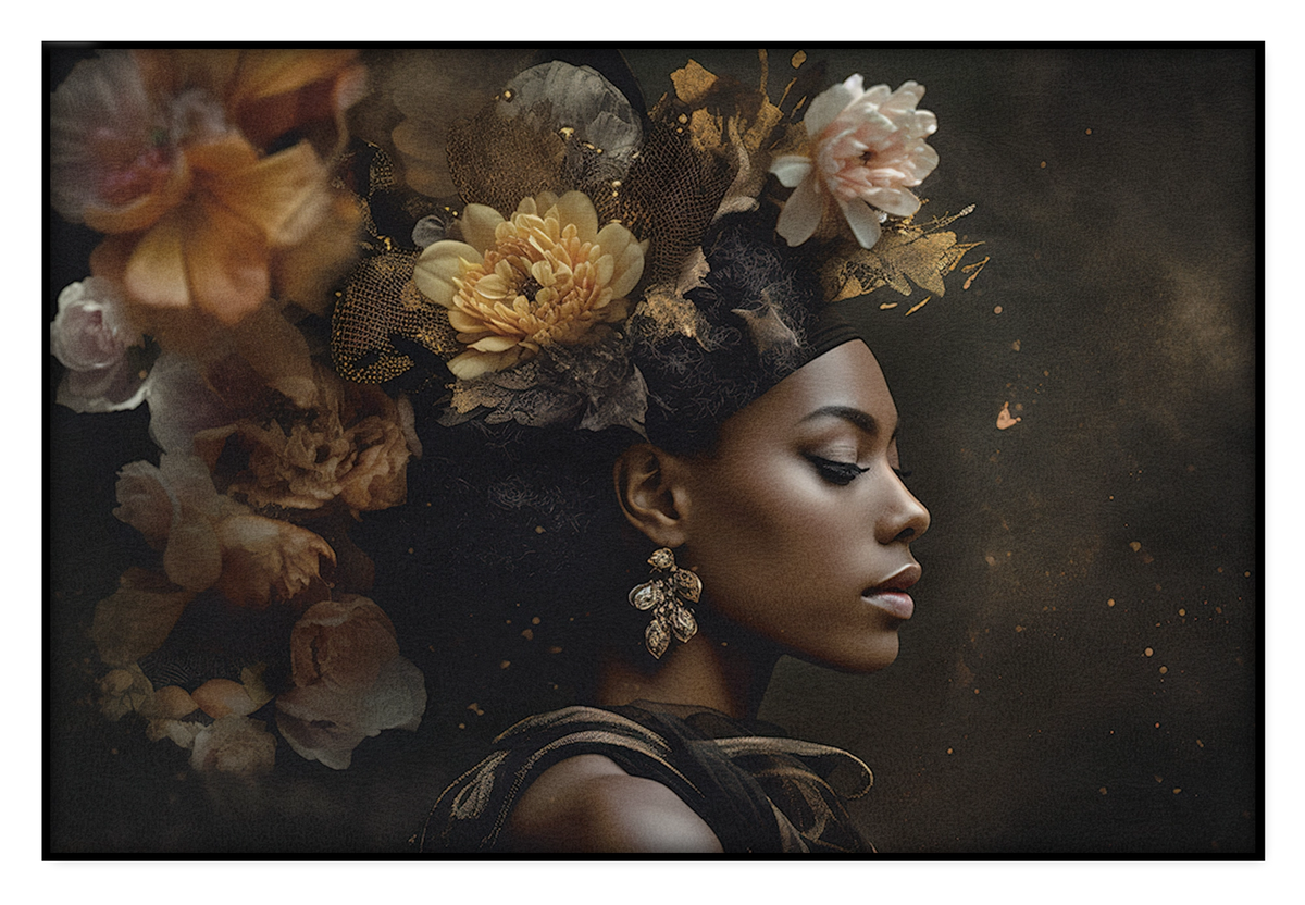 Akoestisch paneel Bloemen Vrouw 3: vrouw in profiel met warme gele en bruine bloemen in het haar.