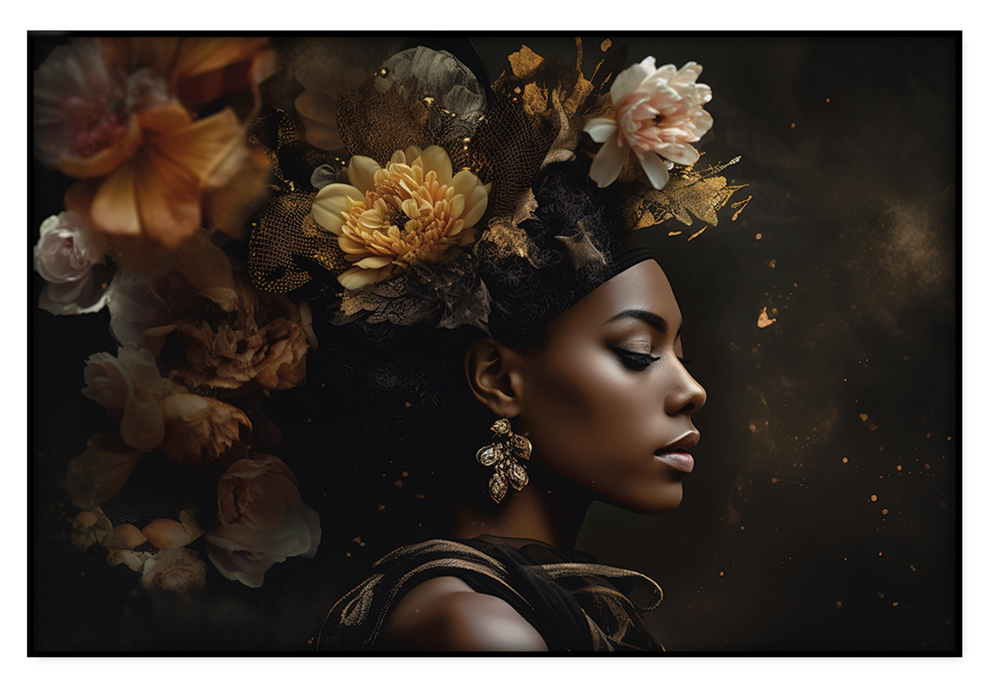 Artframe Bloemen Vrouw 3: vrouw in profiel met warme gele en bruine bloemen in het haar.
