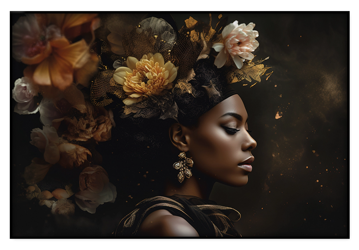 Artframe Bloemen Vrouw 3: vrouw in profiel met warme gele en bruine bloemen in het haar.
