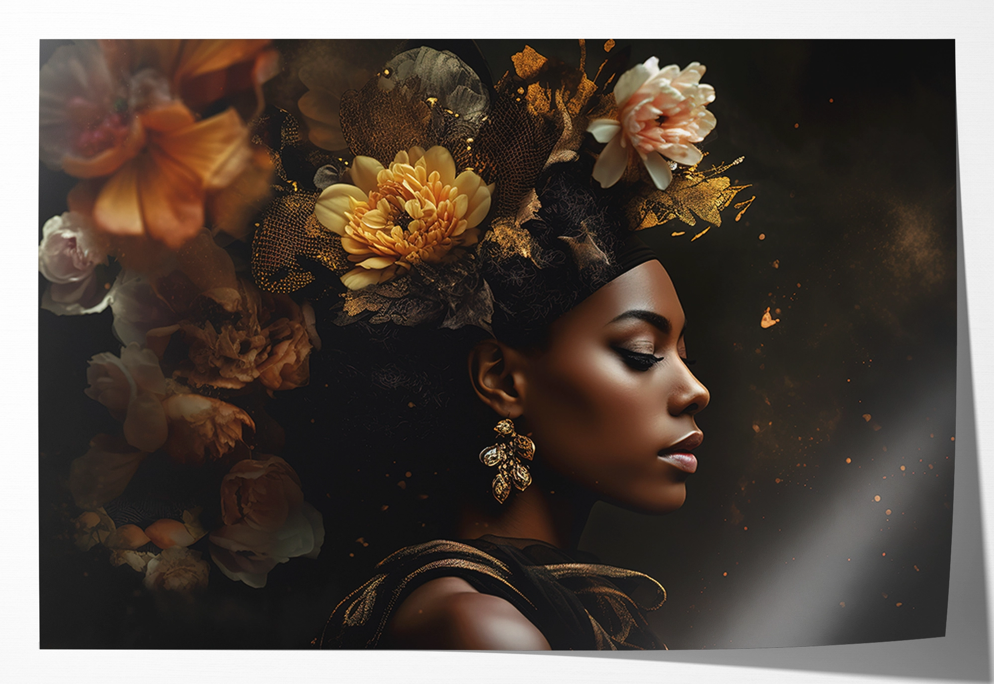 Papieren poster Bloemen Vrouw 3: vrouw in profiel met warme gele en bruine bloemen in het haar.