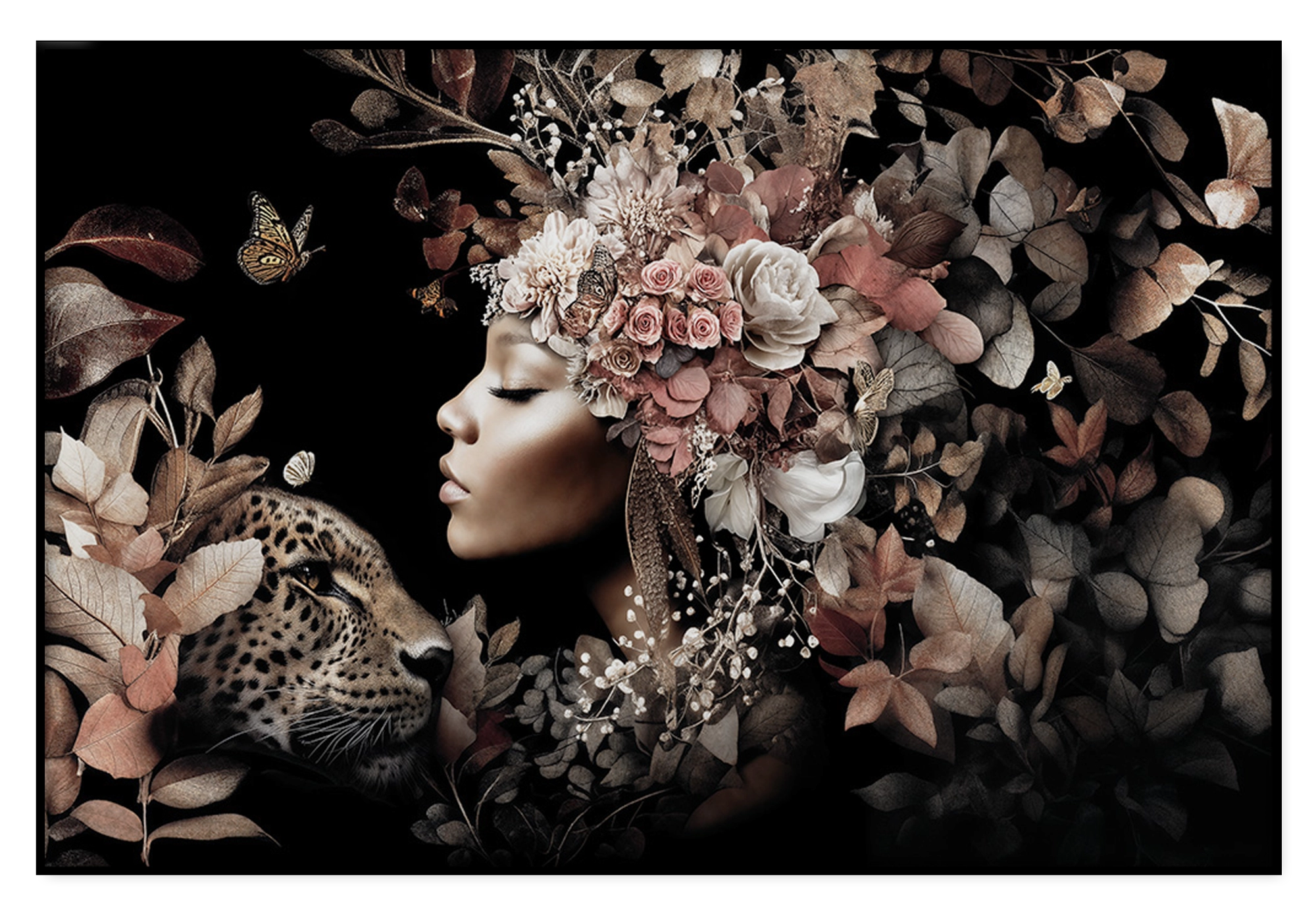 Artframe Bloemen Vrouw 6: vrouw in profiel met bloemenhoofdtooi naast een luipaard.
