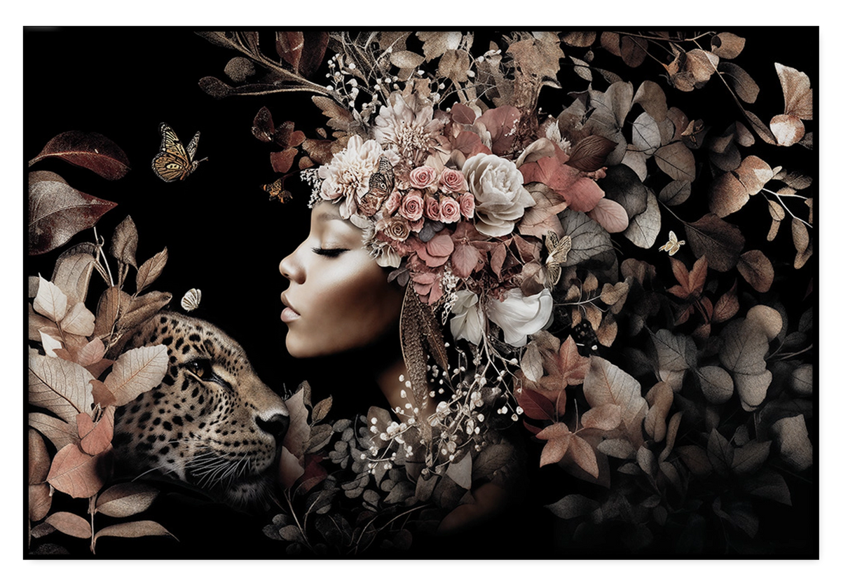 Artframe Bloemen Vrouw 6: vrouw in profiel met bloemenhoofdtooi naast een luipaard.