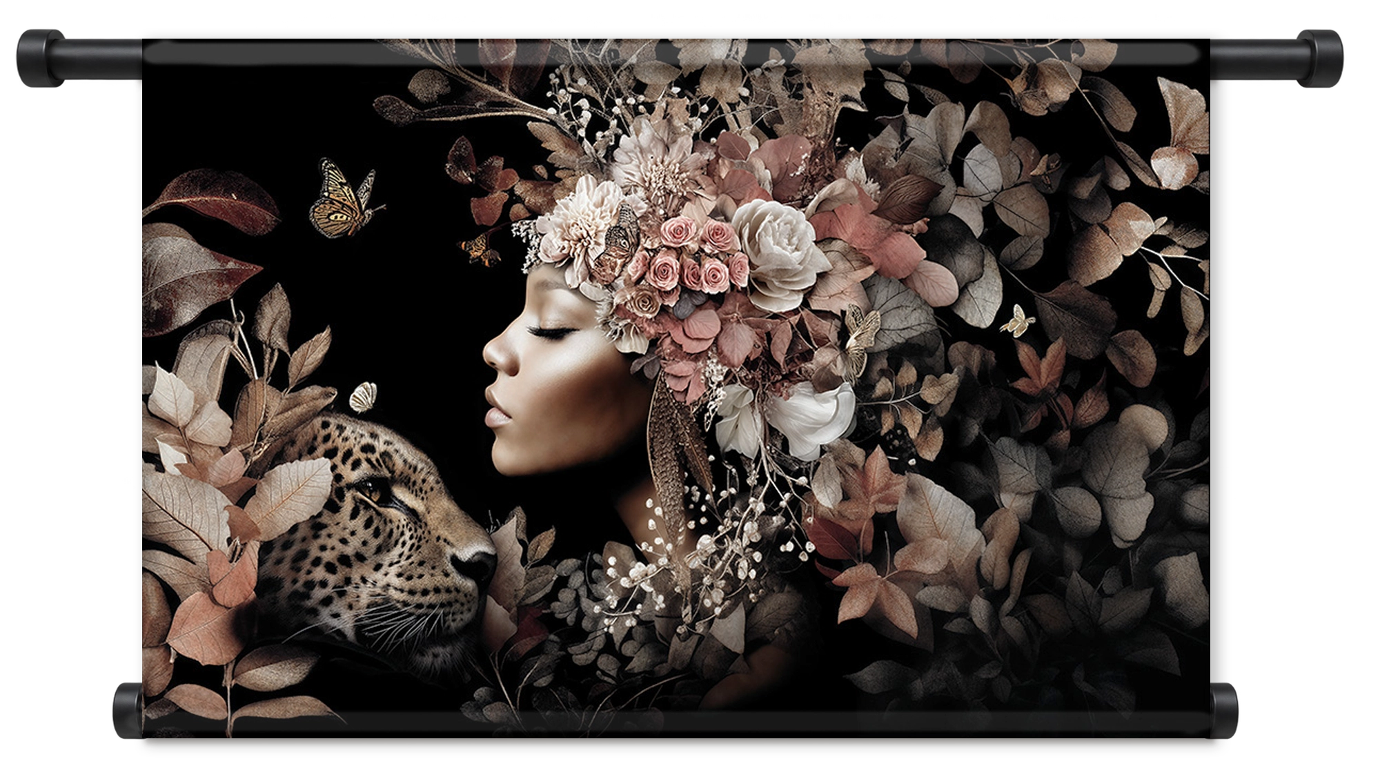 Bloemen Vrouw 6 als liggend wandkleed met zwarte roedes