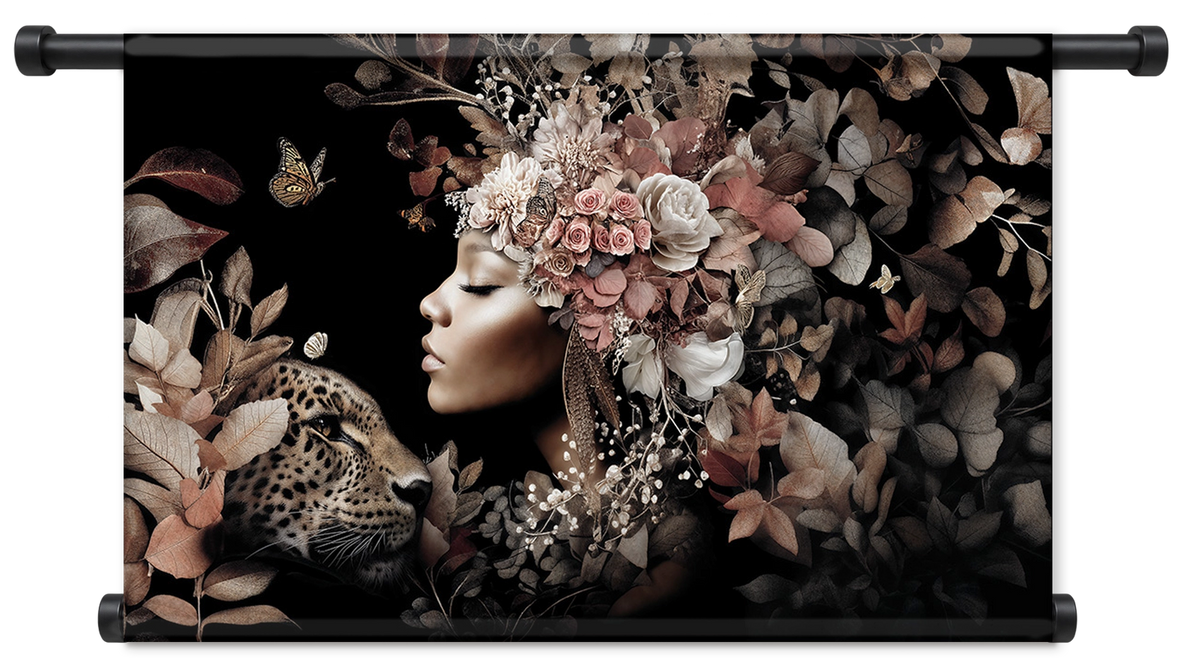 Bloemen Vrouw 6 als liggend wandkleed met zwarte roedes