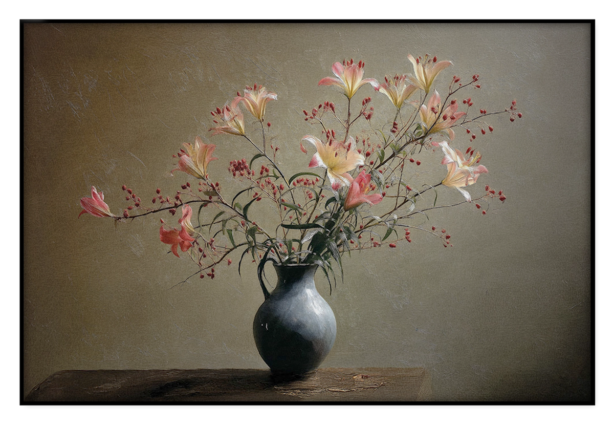 Akoestisch paneel Bloemen 15: bloesemtakken in een donkere vaas op een houten tafel.