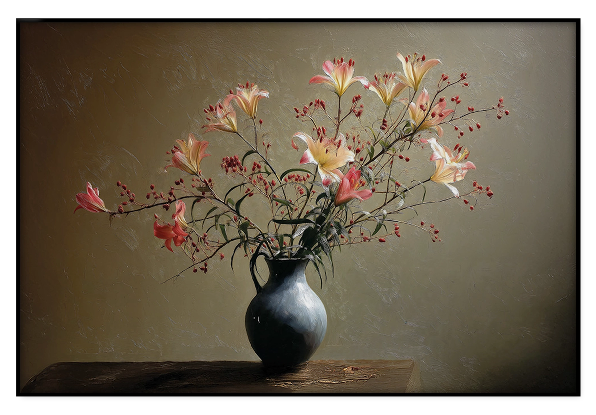 Artframe Bloemen 15: bloesemtakken in een donkere vaas op een houten tafel.