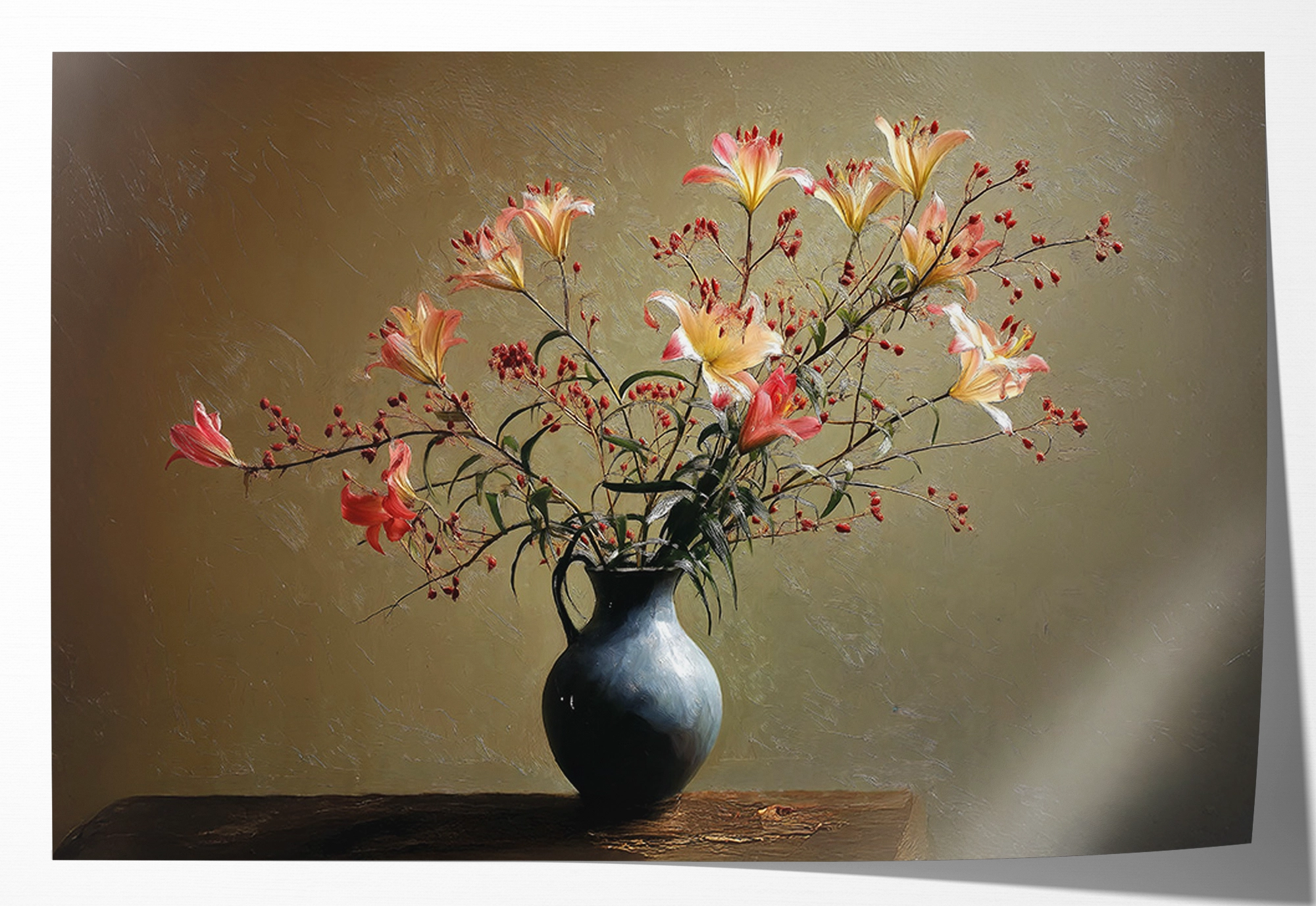 Papieren poster Bloemen 15: bloesemtakken in een donkere vaas op een houten tafel.