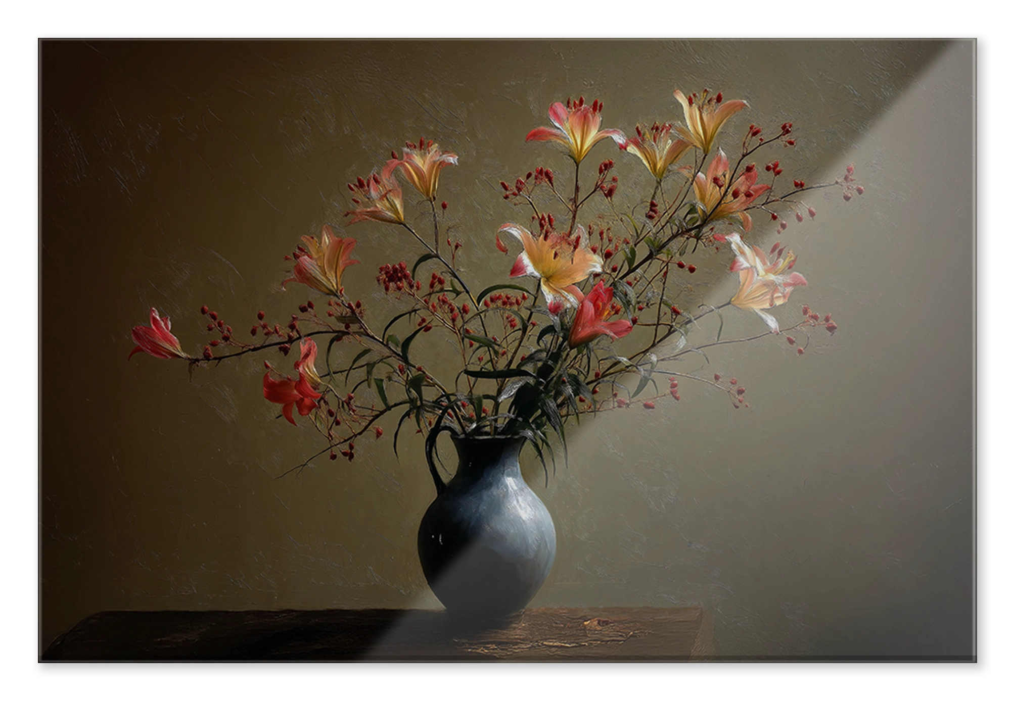 Plexiglas schilderij Bloemen 15: bloesemtakken in een donkere vaas op een houten tafel.