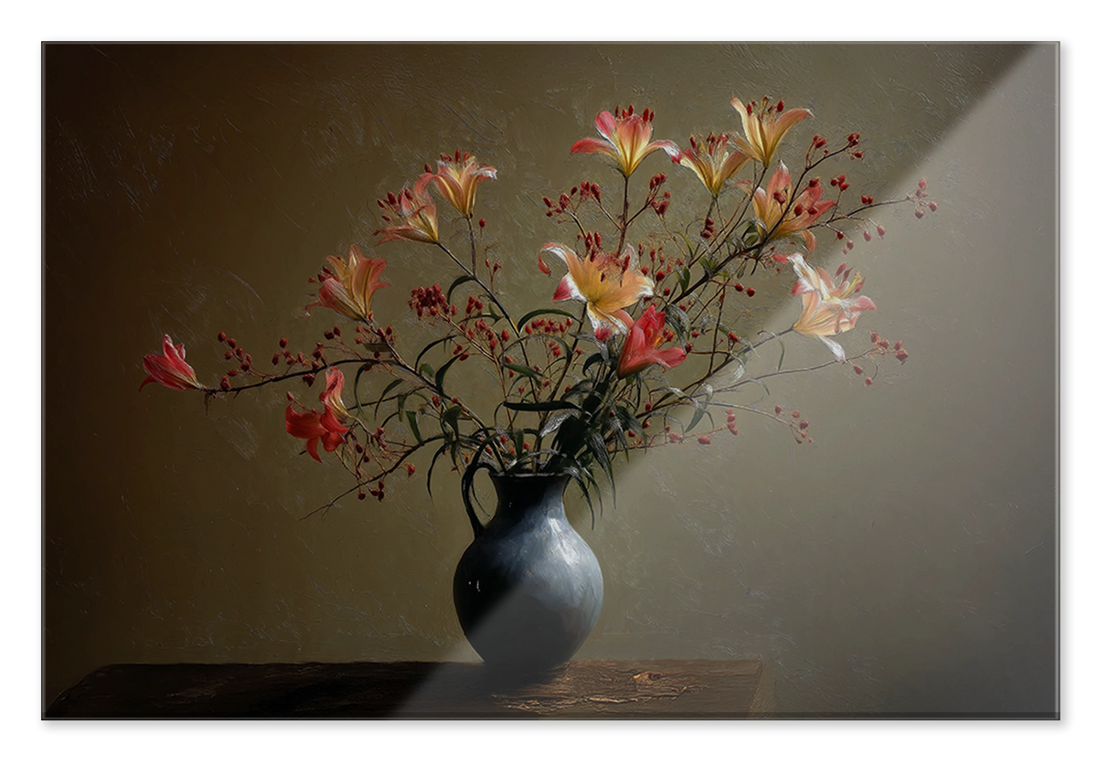 Plexiglas schilderij Bloemen 15: bloesemtakken in een donkere vaas op een houten tafel.