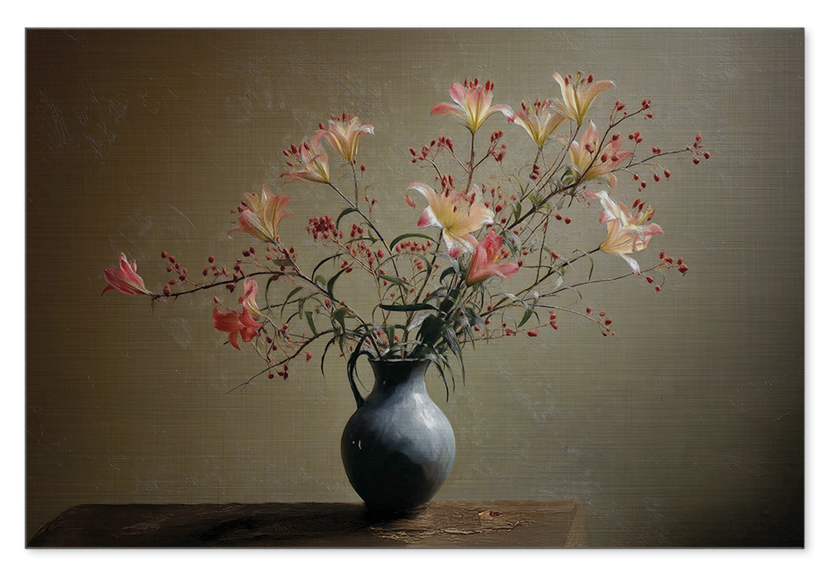 Aluminium Dibond schilderij Bloemen 15: bloesemtakken in een donkere vaas op een houten tafel.