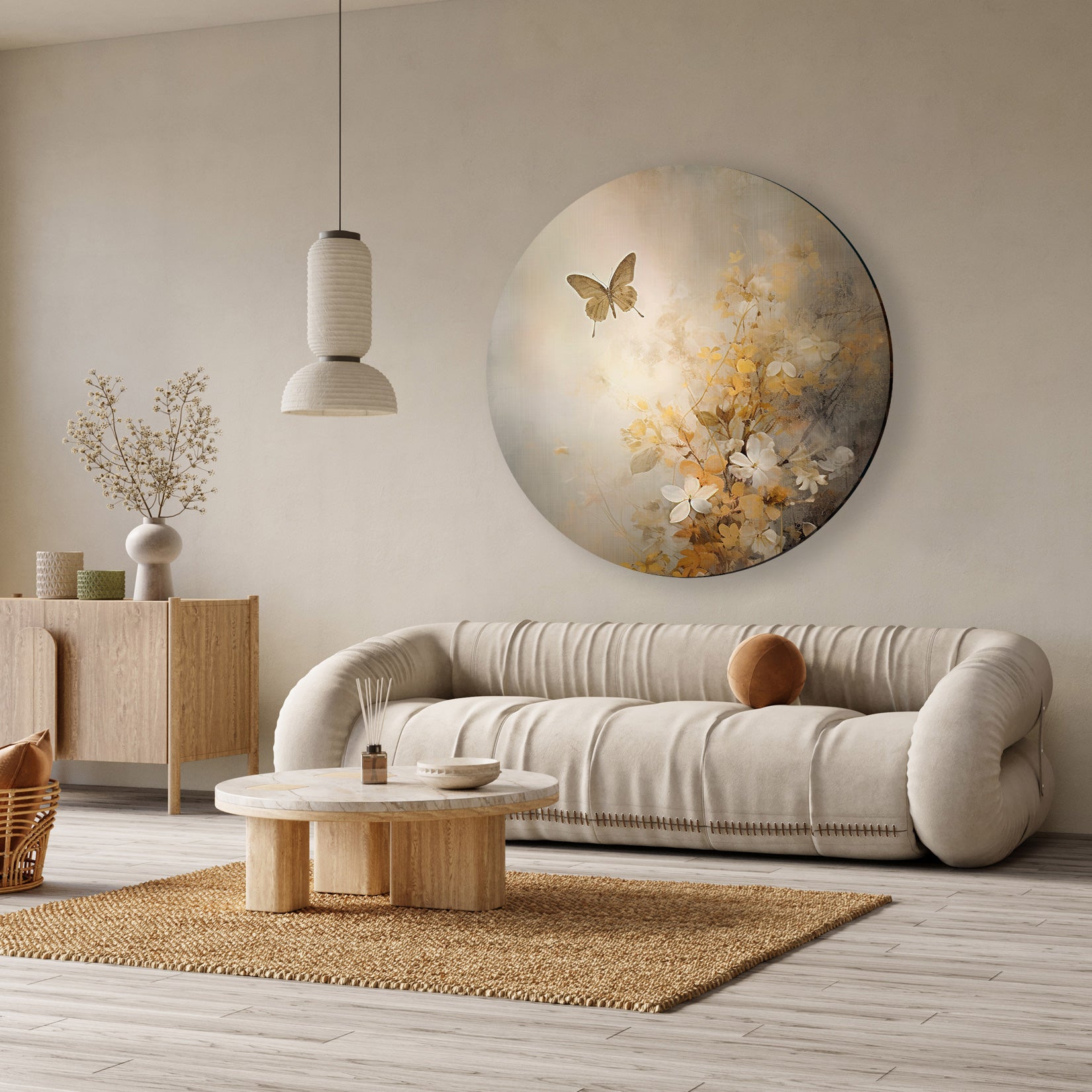 Ronde Bloemen 7 muurcirkel van aluminium dibond met goudtinten, crèmekleurige bloemen en een vlinder boven een beige bank.