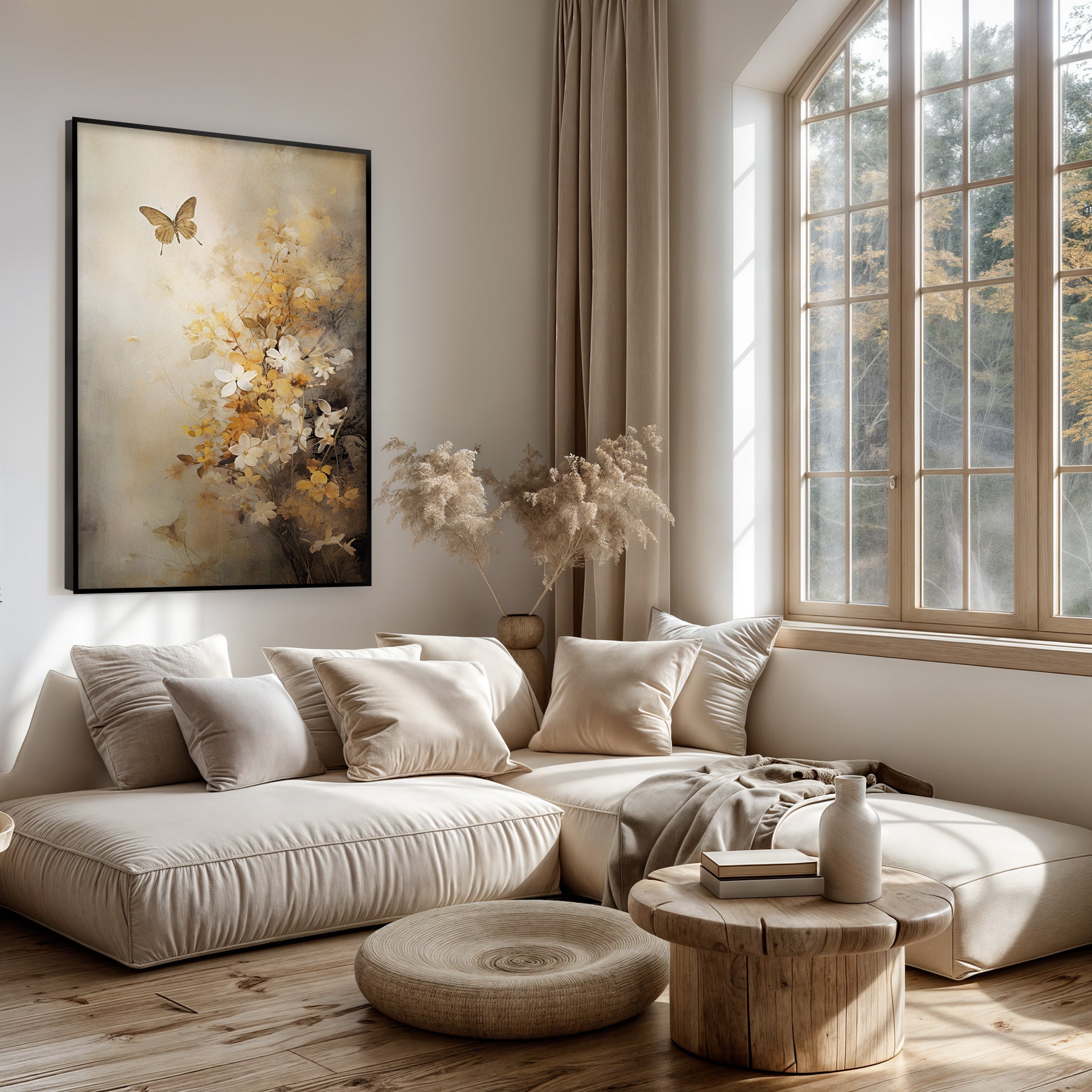 Artframe Bloemen 7 boven een lichte bank in een woonkamer.