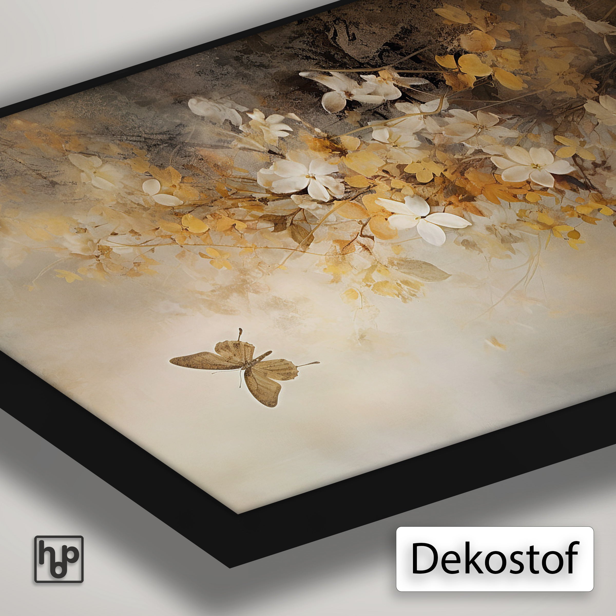 Detail van Artframe Bloemen 7 met dekostof en een zwart aluminium frame.
