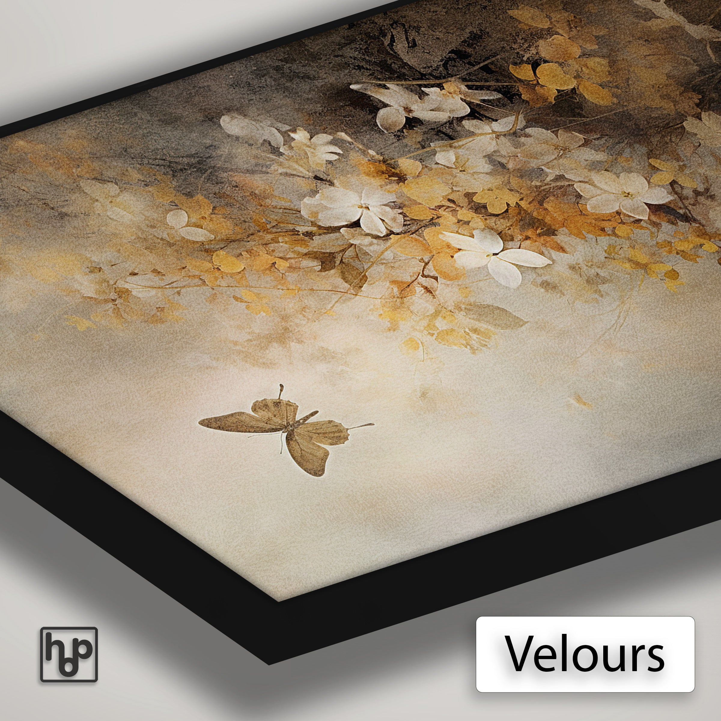 Detail van Artframe Bloemen 7 met velours doek en een zwart aluminium frame.