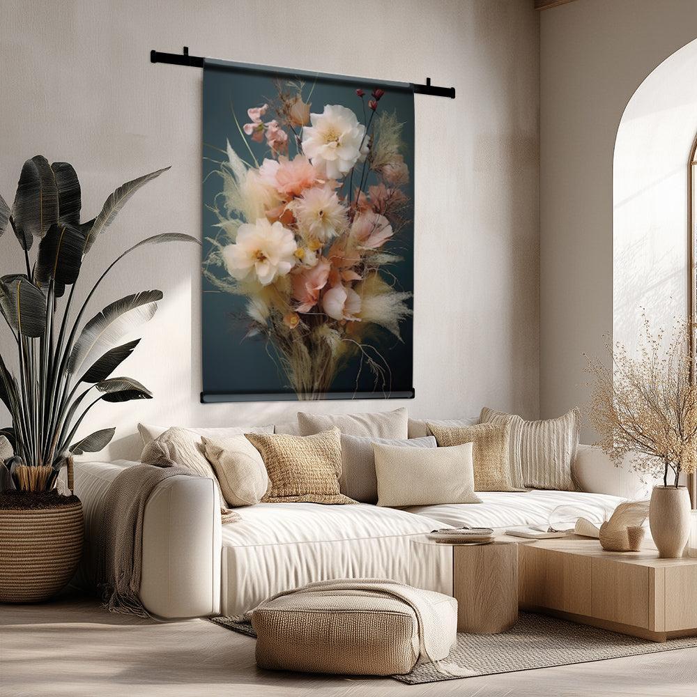 Bloemen 9 wandkleed met zachtroze en beige bloemen op donkerblauwe achtergrond in een serene woonkamer.