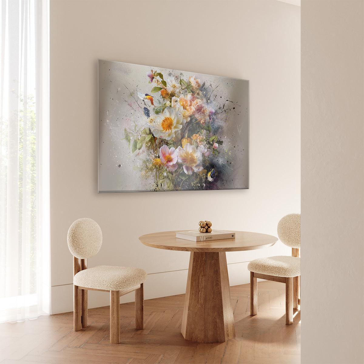 Plexiglas schilderij Bloemen explosie 3 aan de muur bij een ronde houten eettafel.