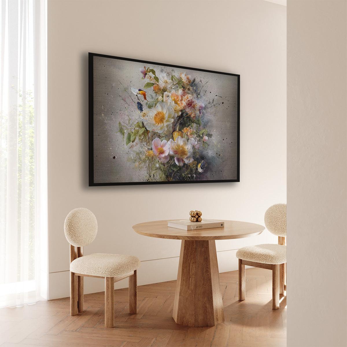 Artframe Bloemen explosie 3 aan de muur bij een ronde houten eettafel.