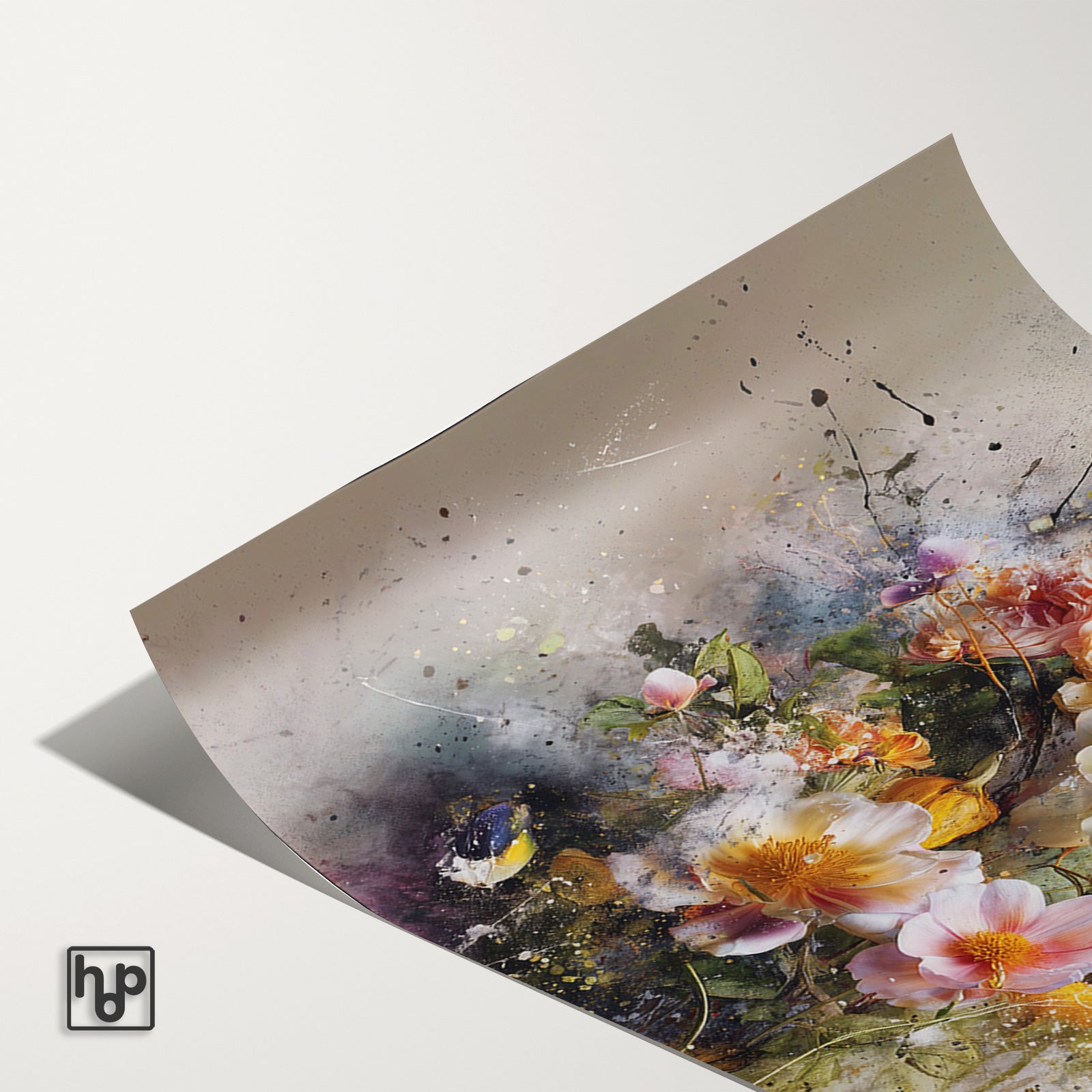 Detail van papieren poster Bloemen explosie 3 met een licht omkrullende hoek.