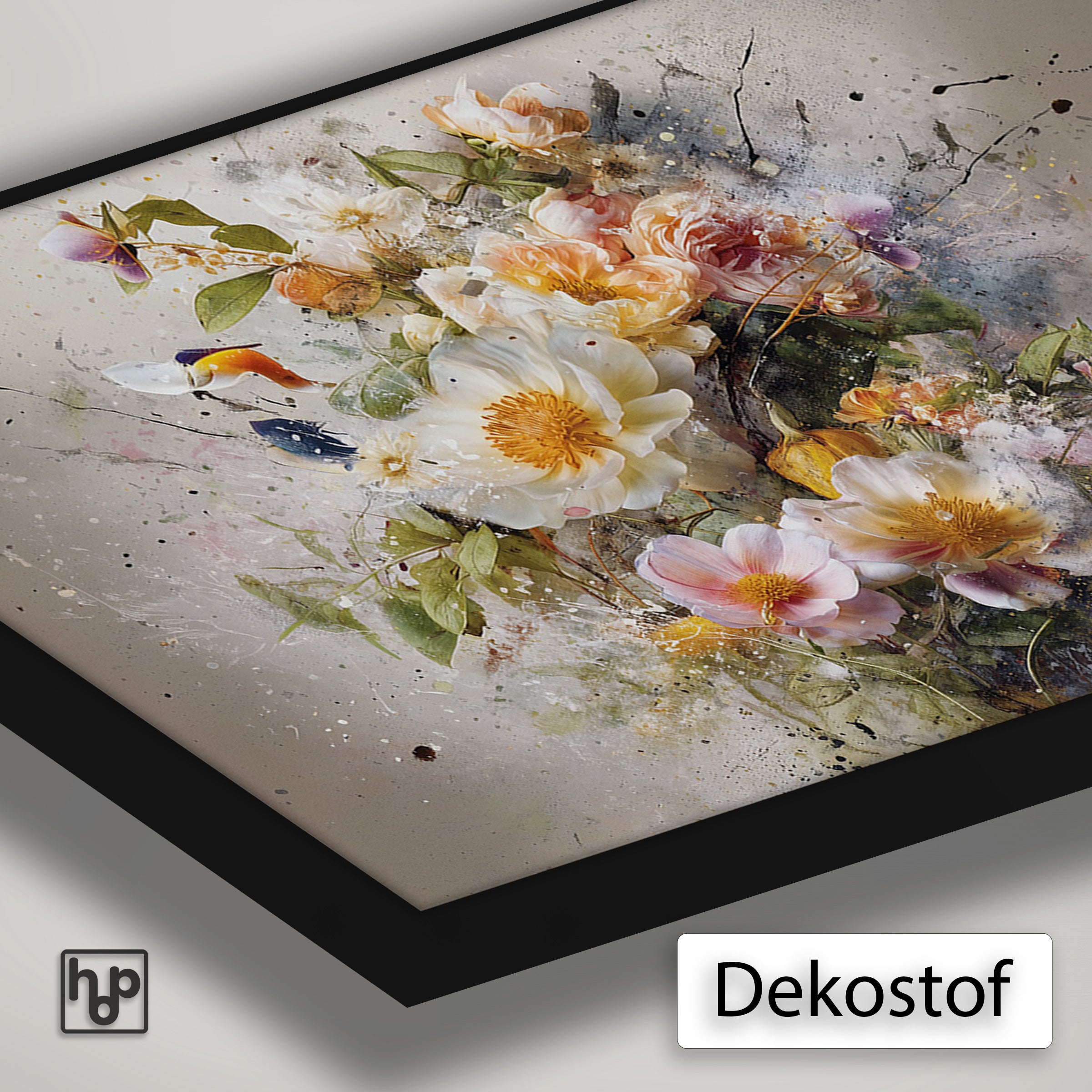 Detail van Artframe Bloemen explosie 3 met dekostof en een zwart aluminium frame.