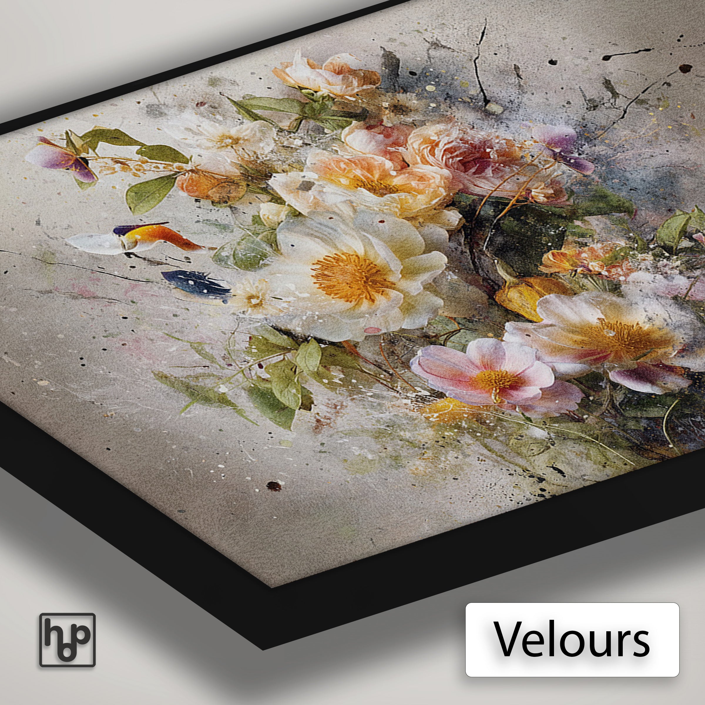 Detail van Artframe Bloemen explosie 3 met velours doek en een zwart aluminium frame.